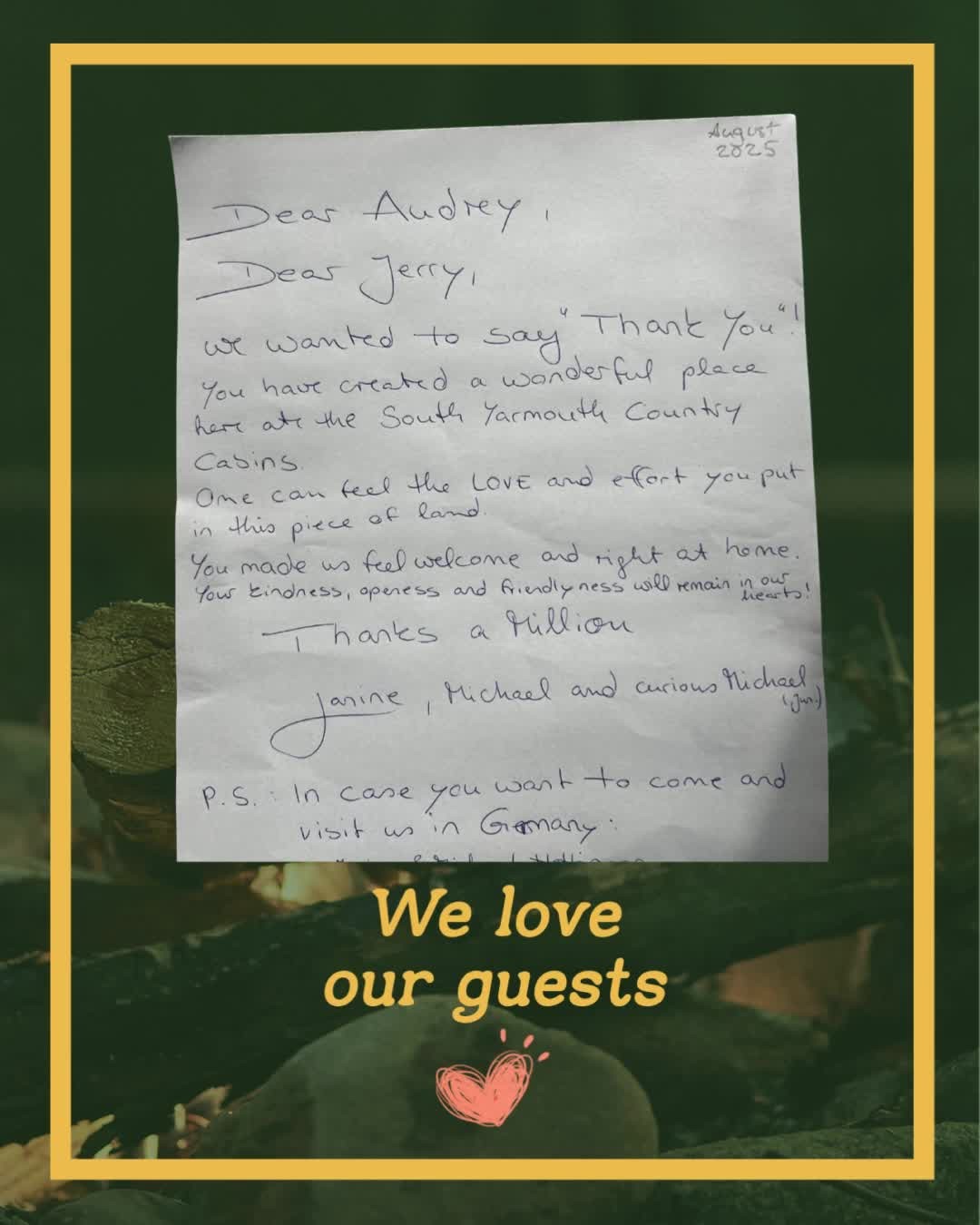 💛 "We felt the love and effort you’ve put into this place you made us feel right at home." 💛
Hearing words like this from our guests reminds us why we do what we do. We’re so grateful to welcome travelers from near and far to experience the magic of Cape Cod. 🌊✨ There’s still plenty of summer left we’re open until October, and we’d love to see you!
#CapeCodGetaway #YarmouthCountryCabin #SummerOnCapeCod #CoastalRetreat #TravelCapeCod #FamilyVacation #BeachEscape