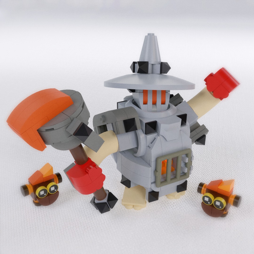 The newly reworked Furnace from Clash Royale.
Upon seeing the character, I knew I could perfectly recreate the face right away. The scale of the build was determined by both the face and the furnace on its stomach. Due to the small scale of the MOC, there weren’t many options for the hands. The best option was only available in red, which made the character represent the opponent in the game instead of the player.