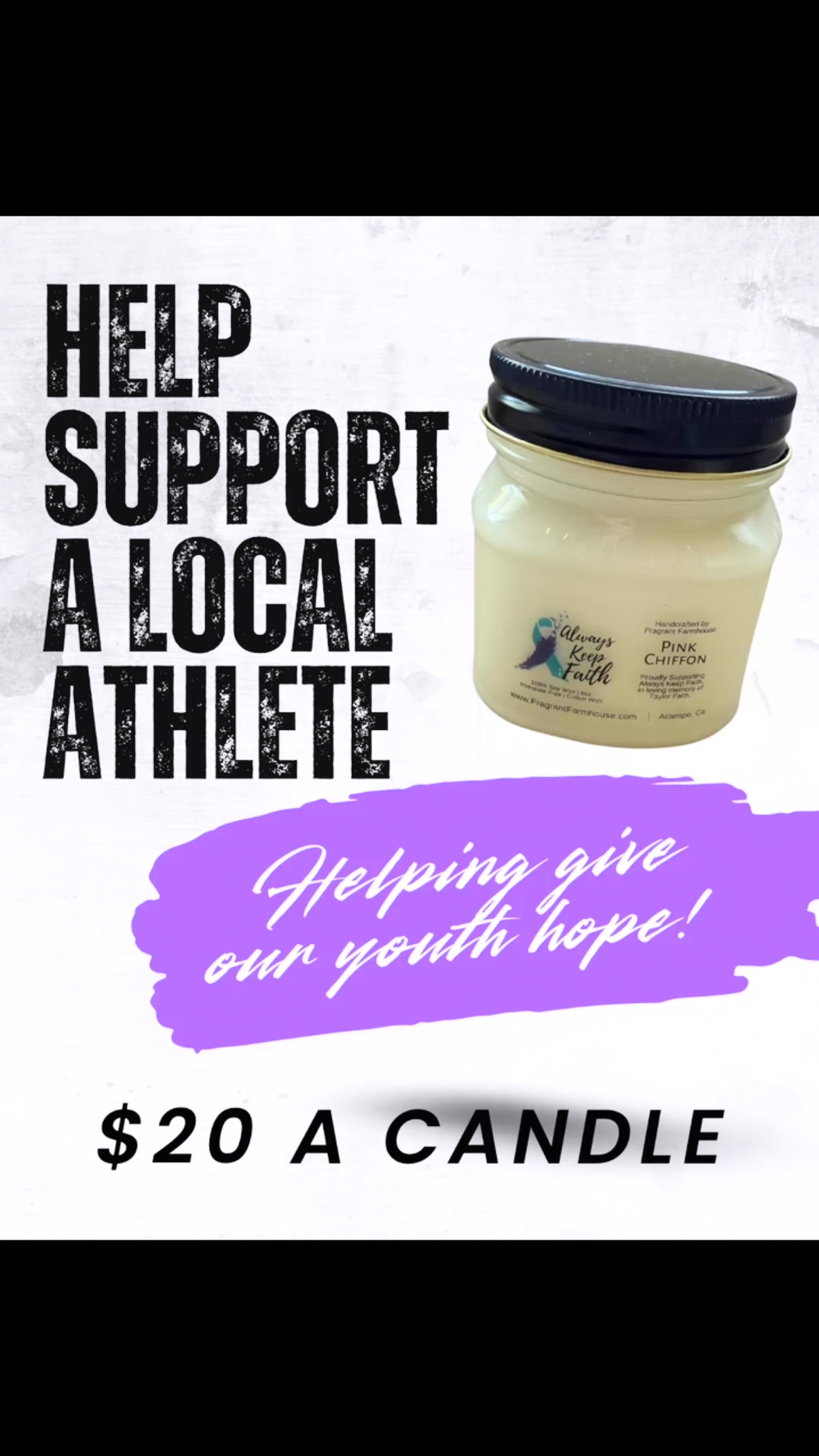 🚨A local coach recently reached out to us at Always Keep Faith Foundation about a young athlete whose family is going through a difficult time. Despite the challenges at home, this athlete has found hope and joy through their sport, but the cost of the season has become too much for the family to afford.
To support them, we’re selling candles for $20, with 100% of proceeds going directly to cover this athlete’s season. 🕯️✨
Out of respect for the family’s privacy, we’re not sharing their identity but their need is real, and your support means everything!
We’re so grateful to the coach who spoke up, and to everyone who believes in what youth sports can do: building confidence, connection, and hope, even in life’s darkest moments.
DM us for all orders! Sale closes Sunday night 💜
Let’s come together and help keep this athlete in the game.
#AlwaysKeepFaith #SupportYouthSports #CandleFundraiser #HopeInHardTimes #CommunitySupport #MentalHealthAwareness #EndTheStigma #MentalHealthMatters #SupportMentalHealth #BreakTheSilence #YouAreNotAlone #HealingTogether #MentalHealthSupport #MentalHealthAdvocacy #MentalHealthJourney #GriefSupport #HealingThroughGrief #GrievingMother #GriefJourney #LifeAfterLoss #GriefAwareness #HealingHearts #GriefAndHealing #MotherhoodAndGrief #GrievingMothers #MothersWhoGrieve #LivingWithGrief #GriefIsLove #LoveAndLoss #AlwaysKeepFaith