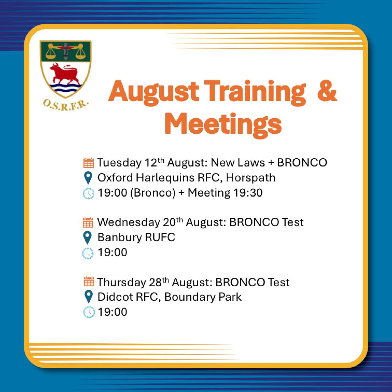 And we’re back! 25/26 Season is already hotting up, so come back next week for our pre-season appointments post.
For now, we have this year’s training meetings and Bronco Test reminders for all our refs:
First up in August is the New Laws training & Bronco @oxfordquins Horspath with more options for Bronco testing @banburyrugbyclub and @didcotrufc
Final option for #Bronco testing is @wallingfordrfc ahead of the training meeting in September.
Reminder: All L7 and below referees must complete the Bronco test for the new season.
For ALL referees, please ensure you have also completed your #Headcase concussion training (featuring familiar faces @robbocross and @nomthagawe … sorry!)
See you all back out there soon!
#newseasonkickoff #keepyourbootson #inspire #bepartoftheteam🌹 #seeitbeitrefit🌹 #rugbyrefereetraining