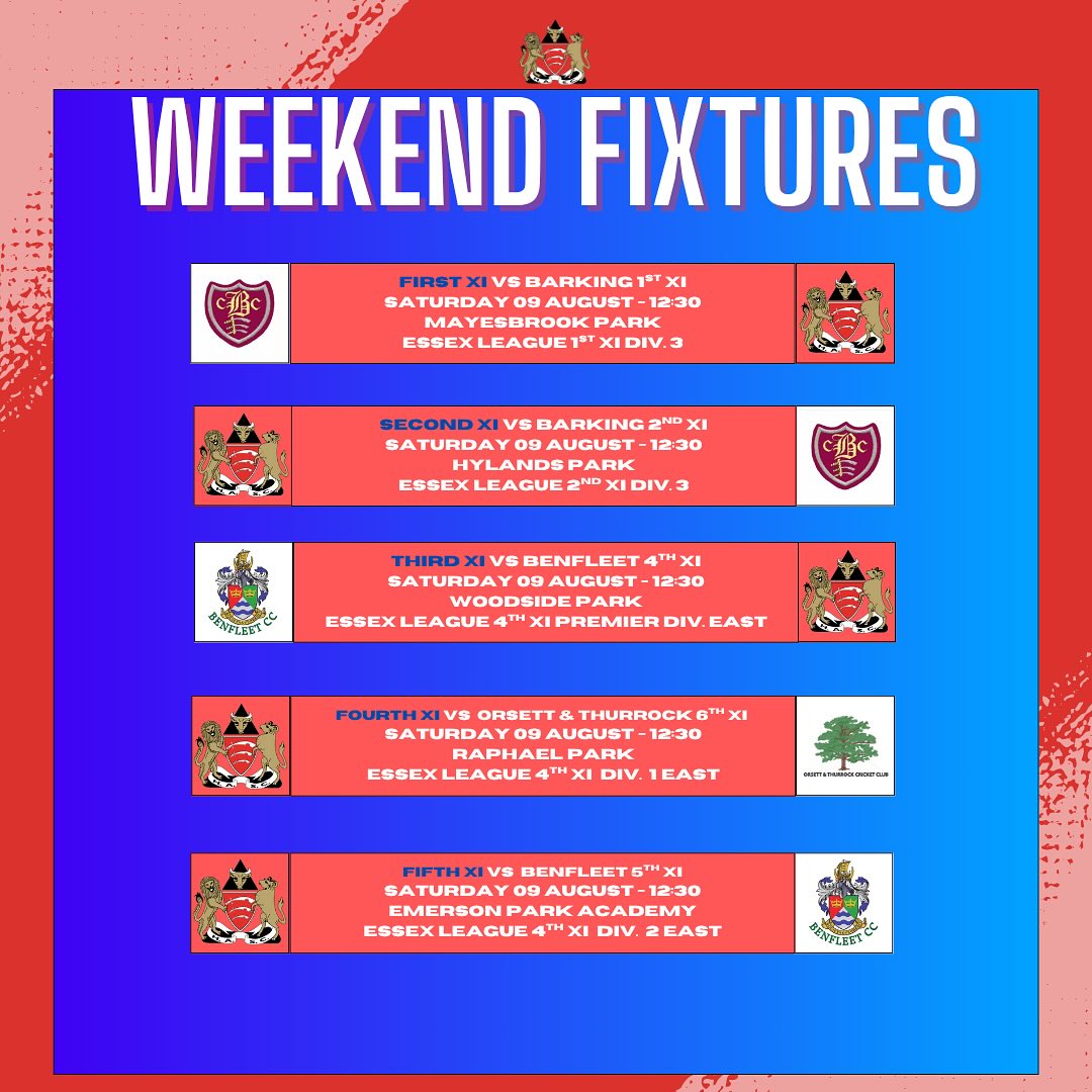 Weekend Team News
1s @barkingcricket
2s Vs @barkingcricket
3s @benfleetcc
4s Vs @orsettthurrockcc
5s Vs @benfleetcc
Sunday XI host @s.w.c.c_bar
