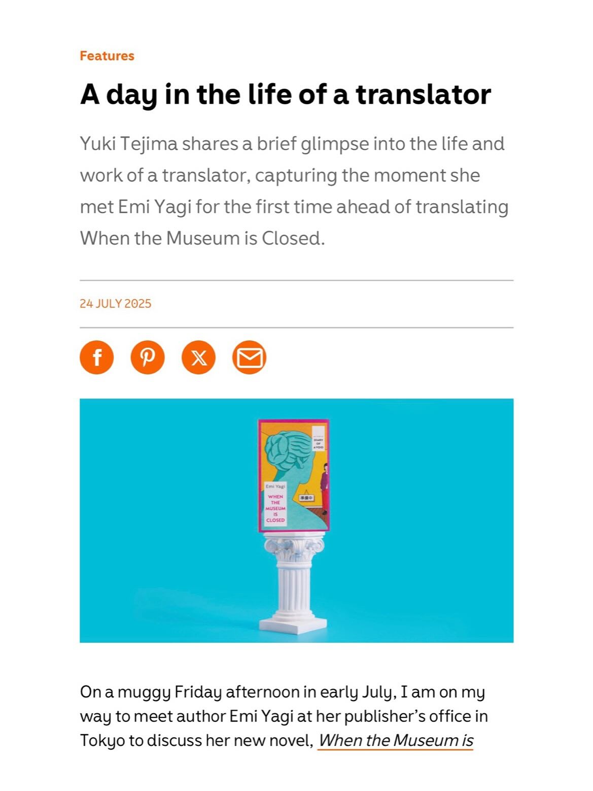 I recently had the joy of chatting with author @emiyagi1988 in Tokyo, which I touch upon in a short essay for the Vintage newsletter and website.
Thank you for the opportunity to share my thoughts, @vintagebooks - it was so much fun to write. (The link to the article will be in my stories and/or highlight.)
I’ll share the interview itself soon too, which was wonderful. We talked all about Emi’s new novel When the Museum is Closed, of course, as well as her first hit novel, Diary of a Void.
Emi and I are so enjoying seeing all of your thoughts and posts on the new novel! Thank you 💓
- - -
先月、八木詠美さんの小説『休館日の彼女たち』の英語版がイギリスで出版されまして、私は翻訳で関わらせていただいたのですが、出版に合わせてイギリスの出版社 @vintagebooks のサイトにて短いエッセイを書かせていただきました。
7月の暑い日に八木さんにインタビューもさせていただいたのですが、その日のことを少し、そして翻訳への想いも少し。記事は英語ですが、よければぜひ☺️ (ストーリーとハイライトにリンクを貼ります)
インタビューは現在翻訳中ですが、日本語版も今後シェアさせていただきたく思っております…
八木さん、ご協力いただきありがとうございました!お話できてとても楽しかったです🥰