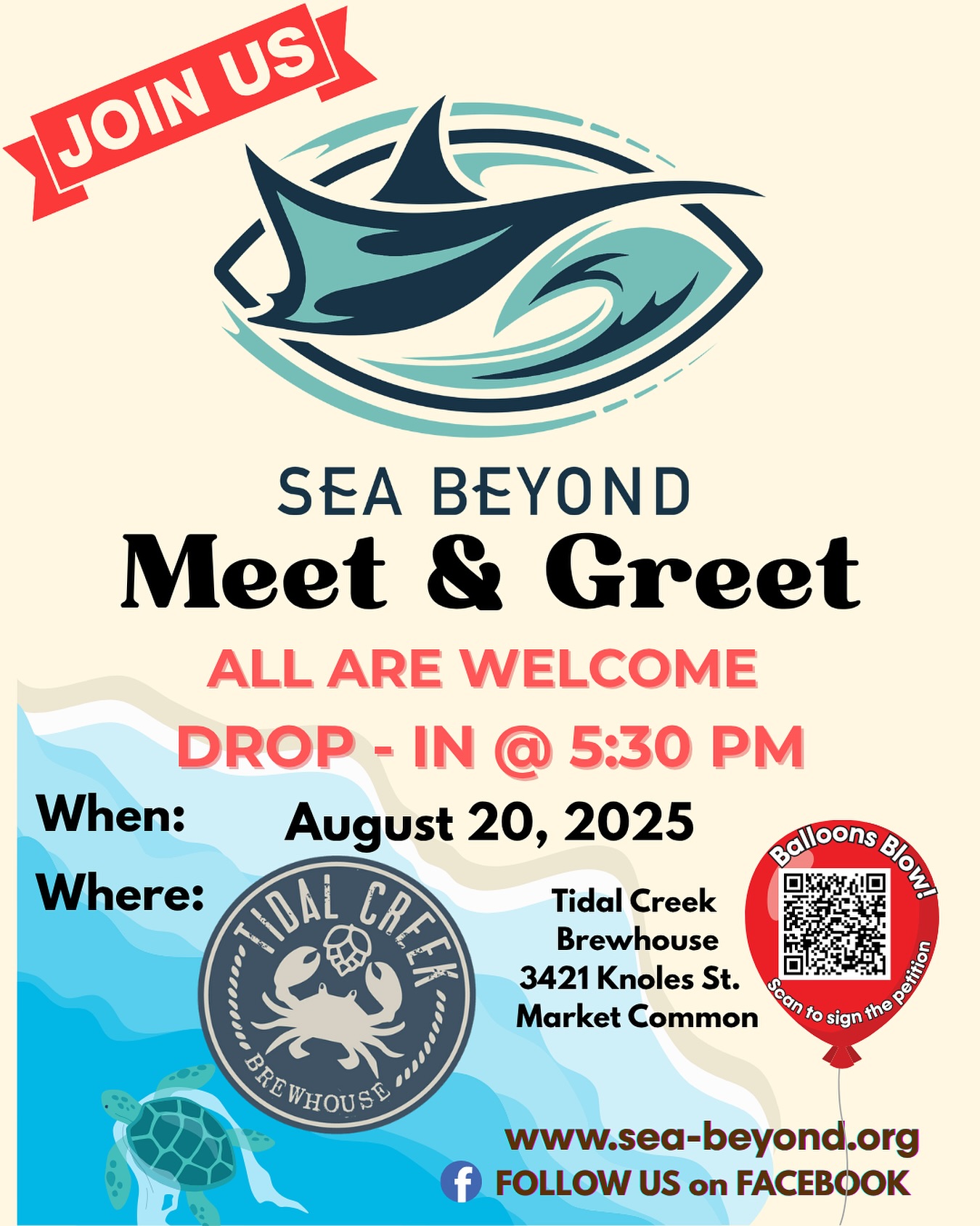 🌊 Sea Beyond Foundation - Community Drop-In Meeting
📅 Date: Wednesday, August 20th
🕠 Time: 5:30 PM
📍 Location: Tidal Creek Brewhouse
Join us for a casual and informative evening with the Sea Beyond Foundation, the Grand Strand’s newest 501(c)(3) nonprofit dedicated to protecting and preserving our coastal environments and waters.
Whether you’re a long-time supporter or just curious about who we are and what we do, this is the perfect opportunity to drop in, grab a drink or a bite, and connect with fellow ocean advocates.
**Discussion Highlights:**
🌱 Membership benefits & how to get involved
🌊 Current environmental projects & local impact
📆 Upcoming events and important dates
No formal presentations—just good conversations, great company, and a shared love for the sea. Come as you are, bring a friend, and help us Sea Beyond!
Learn more at: www.sea-beyond.org