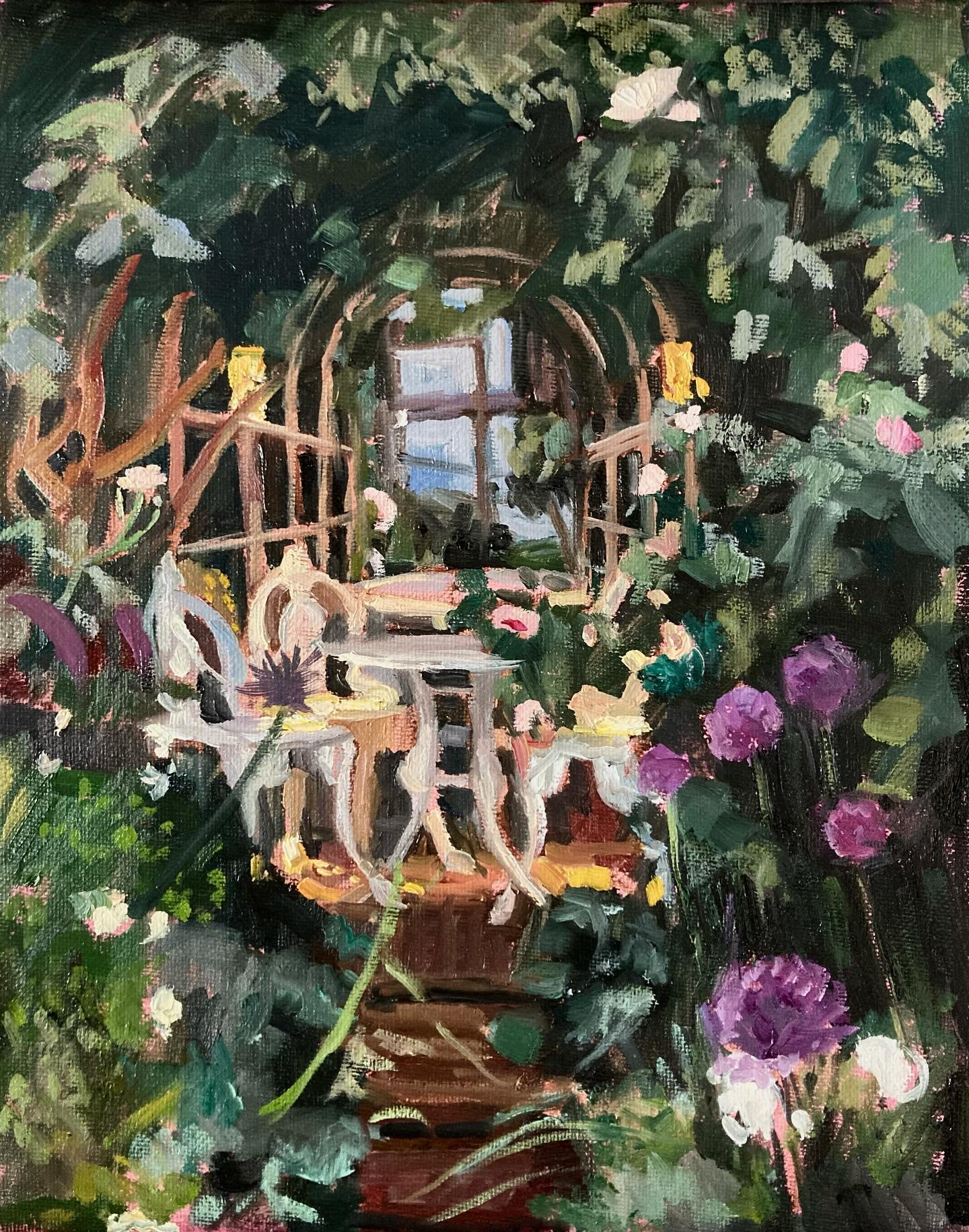 A little commission painting I did for a neighbour of her garden area in dusk time. It was lovely capturing the different light around the mirror, table and chairs. Commissions welcome@if anyone would like something.
#woodbridgegarden #woodbridgegardens #commissions #gardens #suffolk #suffolkgardens #dusk #gardensatdusk #glowinglights #summergardens #oilpaintings #oilpaintinggarden #oilpaintinggardens #commissionart #commissionartist