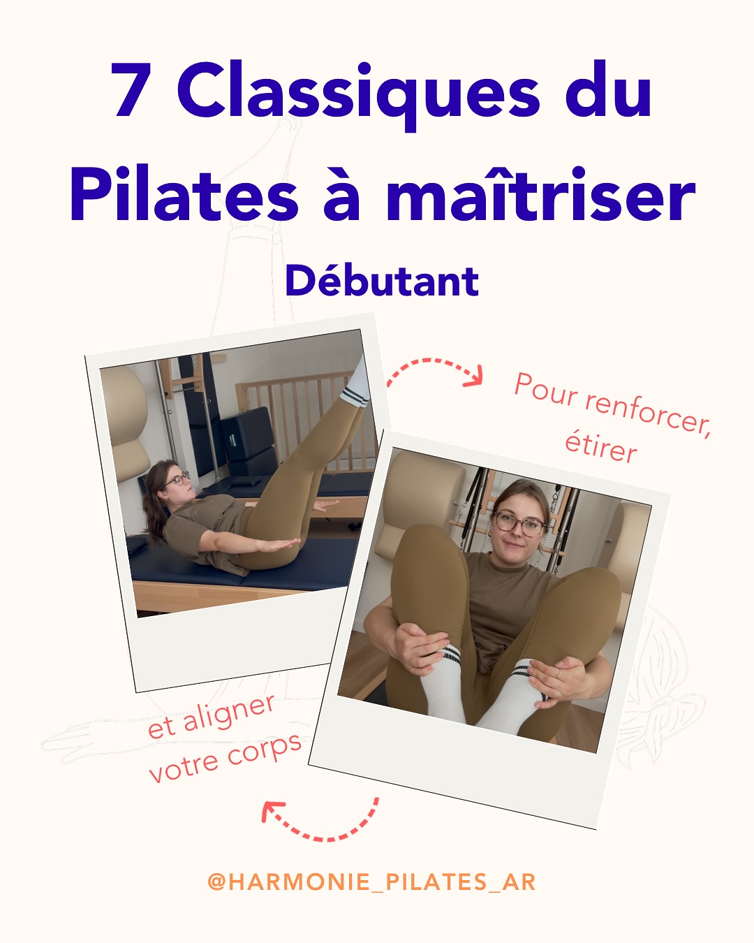Pilates pour débutants : 7 exercices essentiels sur tapis 💫 nombre de répétions max 5
1️⃣ Hundred : Compte jusqu’à 100
💡 Comment : Allongé sur le dos, jambes en tablette ou allongées, bras flottants au-dessus du sol. Inspire 5 temps, expire 5 temps, tout en battant les bras de haut en bas.
✅ Conseil : Garde les épaules basses et le ventre rentré. Si tension dans les cervicales pose ta tête
2️⃣ Roll Up
💡 Comment : Allongé, bras vers le plafond, inspire. Expire en enroulant la colonne pour venir assis. Inspire et redescends vertèbre par vertèbre.
✅ Conseil : Si c’est facile allonge les jambes
3️⃣ Single Leg Circle
💡 Comment : Allongé sur le dos, une jambe tendue vers le plafond, rotation externe de la hanche (le genou regarde vers l’extérieur). Trace de petits cercles dans un sens puis dans l’autre, sans bouger le bassin.
✅ Conseil : Engage le ventre pour que seule la jambe bouge.
4️⃣ Rolling Like a Ball
💡 Comment : Assis, genoux repliés, mains derrière les cuisses. Inspire en roulant en arrière jusqu’aux omoplates, expire pour revenir assis sans poser les pieds.
✅ Conseil : Garde la forme arrondie comme une boule. Si c’est trop facile, met les mains sur les tibias.
5️⃣ Single Leg Stretch
💡 Comment : Allongé, tête et épaules relevées, une jambe repliée vers la poitrine, l’autre tendue. Change de jambe à chaque respiration.
✅ Conseil : Garde le bas du dos plaqué au sol. Si tension dans les cervicales pose ta tête
6️⃣ Double Leg Stretch
💡 Comment : Allongé, jambes en tablette, mains droite cheville droite, main gauche genou droit et inverse. Inspire en allongeant bras et jambes, expire en revenant.
✅ Conseil : Ne creuse pas le dos en tendant les jambes, monte plus haut la jambe. 7️⃣ Spine Stretch Forward
💡 Comment : Assis, jambes écartées largeur tapis, mains qui pressent sur les jambes. Inspire, expire en enroulant la colonne vers l’avant, puis redresse-toi.
✅ Conseil : Pense à grandir en pressant à fond tes mains sur les jambes. 💪 Venez vivre une séance complète au studio et ressentir la différence dans votre corps. #pilates #strasbourg #mat