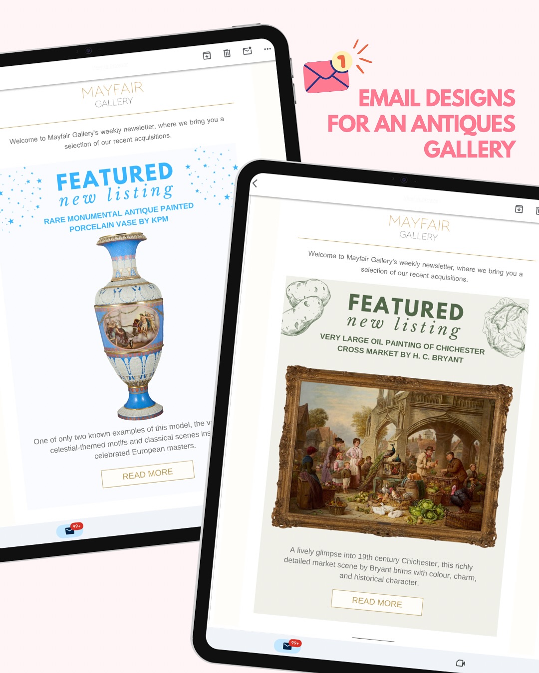 Email marketing for antiques doesn’t have to be dull or boring! 🥱
Here are some examples of the email newsletters I designed for Mayfair Gallery - a luxury antiques and fine art gallery. Each one highlights a featured item and showcases other exciting new acquisitions for the week. A bold, colourful banner grabs attention, while a concise description underlines the antique’s significance. The email wraps up with links to social media channels - because let’s be honest, these are some of the most important places to connect with your audience!
Struggling to showcase antiques and vintage pieces in attention-grabbing emails? I can help! I offer content creation services for brands and institutions, specialising in presenting antiques and design history in a modern, visually engaging way. Just send me a DM or visit my website to learn more 😌
P.S. I also catalogued all the pieces shown in these emails 📝👀
•
•
#emaildesign #emaildesigner #branddesign #antiqueshop #marketing #canvadesigns #antyki #vintage #antiquebranding