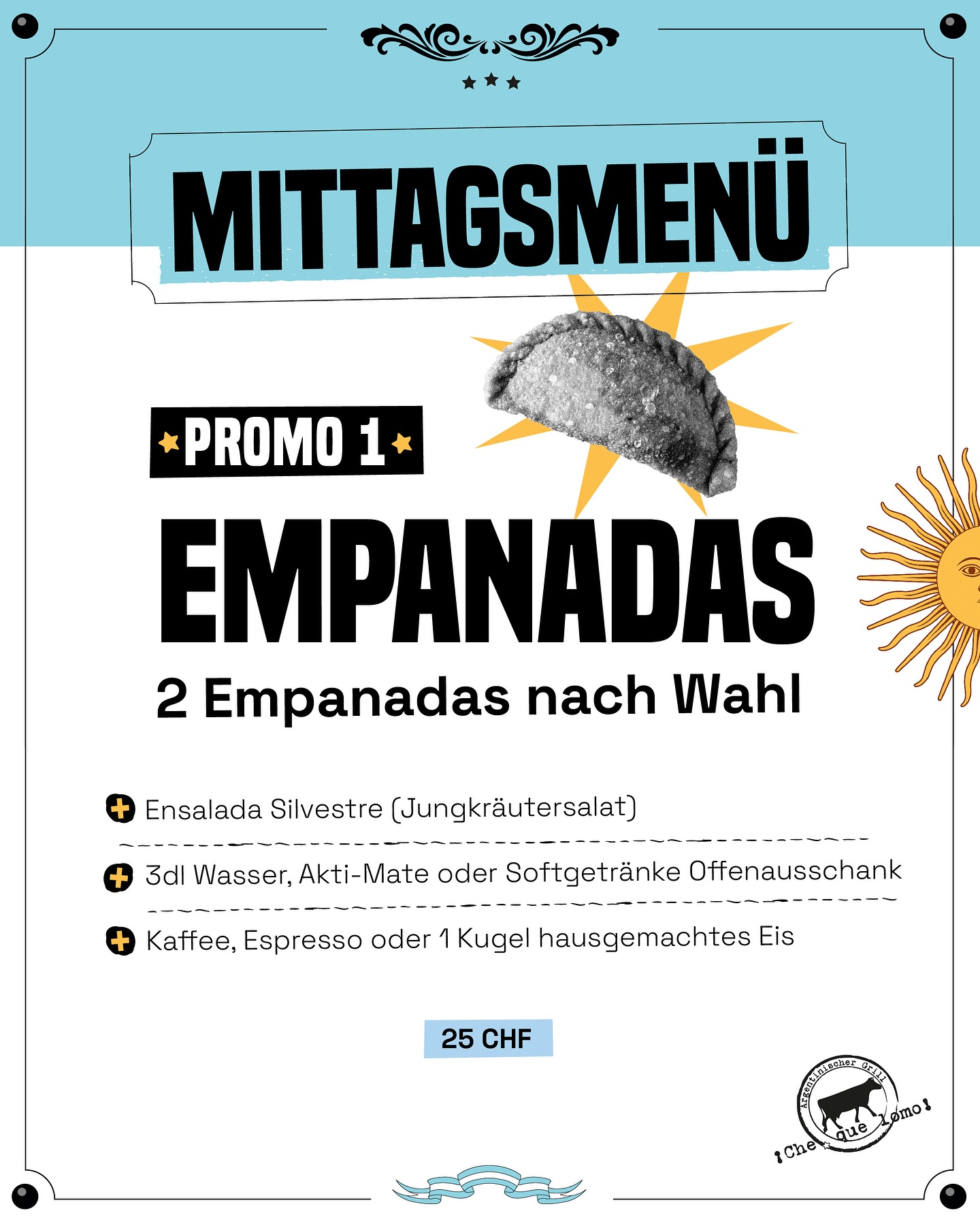 NEUE Mittagspromos für euch!
Komm vorbei und fühl dich wie in den Ferien…
Argentinischen in Basel - Mi-Fr von 12-14Uhr
#mittagessen #chequelomo #argentina #basel #lunch #baselswitzerland #baselgastro #gastronomia #restaurant #suiza #mittagspromo