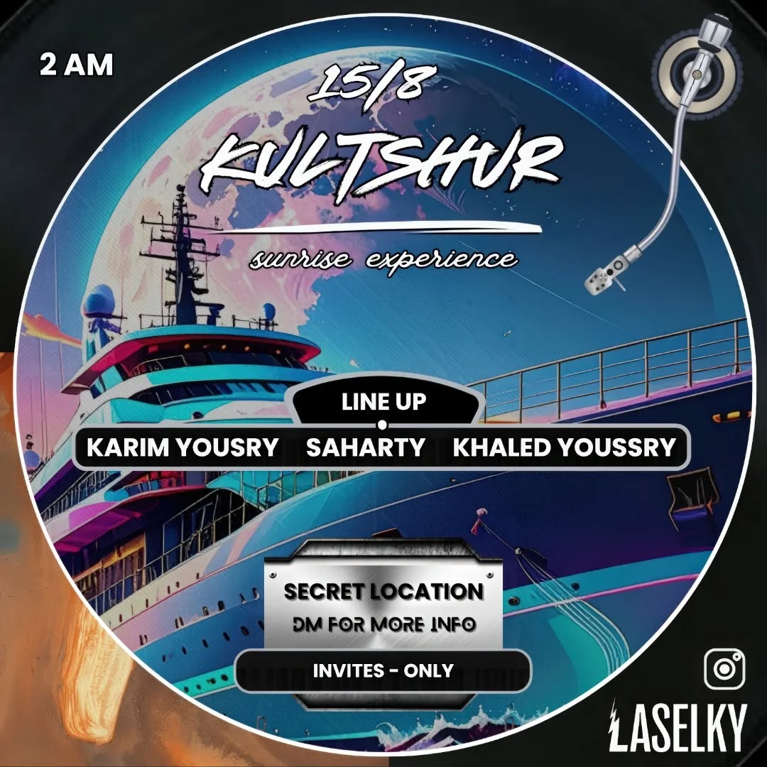 Kultshur is teaming up with Laselky to bring you another Sunrise Yacht Experience this summerāa luxurious yacht with an open dancefloor for the ultimate party vibes šæ
āWhen: The Thursday night after-party, kicking off at 2 AM on Friday (15th of August) and going until sunrise (and def. even later)!
Weāre back with a fresh new collab and a lineup you donāt want to miss.
š„ Thrilled to host Karim Yousry, Khaled Youssry & Saharty ā fun fact: Karim and Khaled arenāt brothers⦠yet ā but they both share wicked taste and skills in music! š
ā° Arrive by 1 AM at the port ā the yacht sails sharply at 2 AM, so donāt be late! Missed the boat? No worries, speed boats will be available for an extra fee.
The yacht will return at 4 AM to pick up more guests, then head out again to our secret spot and wonāt dock until the event wraps.
š« No outside food or drinks allowed.
To reserve your table, call or WhatsApp: 01553904032
šµ Please bring cash to ensure a smooth experience.
Our goal? To create good vibes and a like-minded community event for everyone on board.
ā ļø DM us on Instagram @Kultshur or @laselky.music for more info.
Letās make this summer legendary. See you on board! š¹