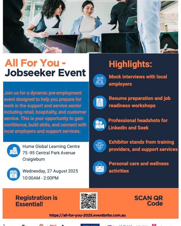 Super excited to announce that I’ll be at the All For You Jobseeker Expo in Craigieburn on Wednesday 27 August, offering free professional headshots to help job seekers update their resumes, SEEK or LinkedIn profiles 📸
This awesome event is presented by Hume City Council and Workforce Australia Local Jobs, and it’s packed with support to help you feel ready to apply for work in retail, hospitality, customer service and more.
Why come along?
– Resume and job readiness workshops
– Mock interviews with local employers
– Free headshots (come say hi!)
– Exhibitor stands from training providers & services
– Personal care showbags + job prep tips
📍 Hume Global Learning Centre
🕙 10am–2pm
🎟 Free event – rego essential
👉 https://all-for-you-2025.eventbrite.com.au