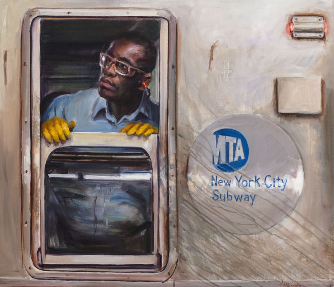 “He really struck me as an elegant man who worked with a calm and graceful focus.”
Now on view at The New York Historical, James Harrington's The Conductor imbues its subject with an air of the visionary. A series of nested rectangles formed by the canvas and train window enshrine this man, who gazes off-frame in a style often used in portraits of political leaders. Streaks of rain also guide our eye toward him.
Such honorific treatment of individuals encountered during his daily life lies at the core of Harrington’s artistic practice.
📷 James Harrington, The Conductor, 2014. The New York Historical, Gift of James Harrington