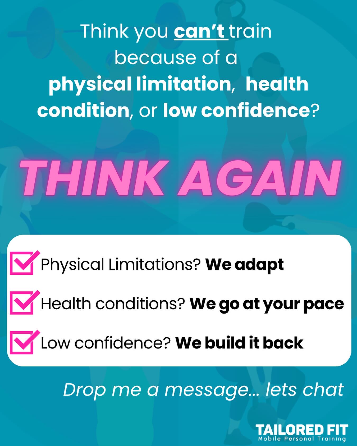 There are no problems, only challenges to overcome.
At TailoredFit we view everything you feel that might be holding you back, as our reason to find a way forwards.
Drop me a message today