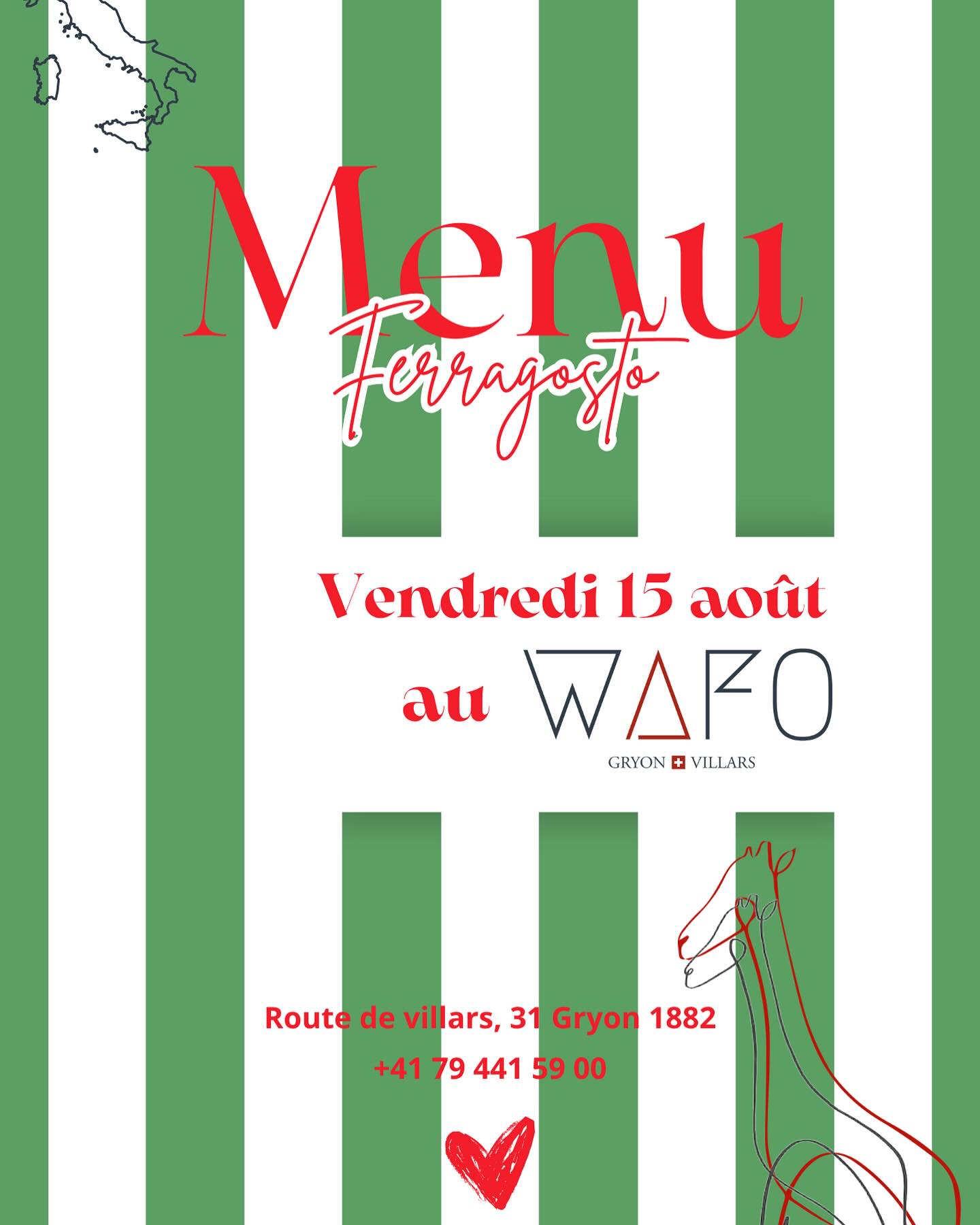 🇮🇹✨ Ferragosto au Wafo ! ✨🇮🇹
Viens célébrer l’été à l’italienne ce jeudi 15 août 🥂
Pour le tarif :
- 55CHF pour le plat végétarien avec un mocktail de bienvenu
- 65CHF pour le plat carne avec un mocktail de bienvenu
📍 Au Wafo – dès 19h
🍝 Ambiance conviviale, bonne musique & saveurs méditerranéennes
⚠️ Places limitées – sur réservation
📞 Réserve dès maintenant et assure ta place à la table de la fête !
🎉 Ferragosto… ça ne se raconte pas, ça se vit ❤️
