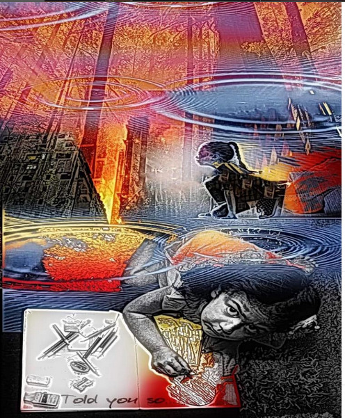 Reprint from 2024 - grateful for no fires or smoky skies yet this summer (first one in 5 years here) - but all of this is still relevant....
The 7-10 year old boys playing soccer behind me at the nature park today, thin smoke getting thicker in the space between us.
One asks the other “are you on evacuation order?”
“No” says the other
“What, why?”
“We just aren’t “
“We are”
“I know”
“How’d you know?”
“My mum told me, but she told me not to tell you”
“Why?”
“Because of how you’d freak out”
“Ok” says the one boy skeptically
.
40 years ago they didn’t tell us about the greenhouse gasses and the fossil fuel dangers and the ozone layer and plastic islands.
Because they didn’t want us to be afraid.
But really THEY didnt want to be afraid.
So they pretended it wasn’t real .
To protect their future lived through us
.
We might have freaked out .
Some of us did, we who had parents who didn’t lie about it.
We tried to speak. But were buried.
Or mocked
Or rendered silent by allures of mainstream progress.
I don’t usually write like this...
I mean, I did...
When I was a child
But I was told it was angsty
And cheesy, and juvenile
So I tried to sound intelligent through nuance
But
Actually
You need to tell your kids the truth.
They have insights we may have forgotten.
I know you don’t want them to be afraid.
But they are anyways
And if you lie to them and hide the truth they will know anyways
And will be more afraid
And will question their own intuition
And they will question their faith in you.
They have solutions our brains have already discounted but that could still help.
Listen to them, be honest, admit that you are scared too, and stay close to their/your hearts,
Denial is how we got here, be different
art and words by me - mixed media collage