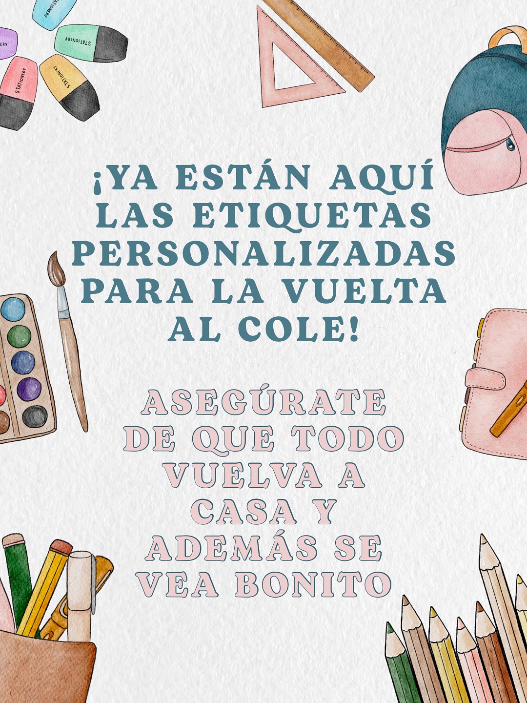 🎒✨ ¡VUELTA AL COLE CON ESTILO! ✨🎒
¡Ya están disponibles nuestras etiquetas personalizadas para marcar TODO lo que lleven tus peques al cole! 🖍️
📌 Tienes 3 packs para elegir:
✔️ Pack Mini: 9,95 €
✔️ Pack Básico: 16,95 €
✔️ Pack Premium: 24,95 €
📦 Con envío gratis (En pedidos superiores a 20€)
📌 También puedes optar por el Pack a Medida y elegir las etiquetas que necesitas (pedido mínimo 20 etiquetas)
✔️ Etiqueta mini: 0,25 €
✔️ Etiqueta pequeña: 0,25 €
✔️ Etiqueta mediana: 0,35 €
✔️ Etiqueta grande: 0,40 €
✔️ Etiqueta para ropa: 0,45 €
✔️ Etiqueta para zapatos (1 par): 0,60 €
📌 ¿Para que sirven?
➡️ Identificar fácilmente útiles escolares, ropa, botellas, tuppers…
➡️ Evitar pérdidas o confusiones
➡️ ¡Hacerlo con un diseño único y divertido!
📝 ¿Cómo hacer tu pedido?
1. Elige el diseño (según las opciones del carrusel)
2. Envíanos por mensaje:
- Nombre del niño
- Diseño elegido (Color, estampado, logo y tipo de letra)
- Pack que necesitas
- Si quieres alguna personalización especial o añadir información extra (teléfono, curso, asignaturas)
- Dirección de envío
💌 Te responderemos lo antes posible con los detalles para confirmar y hacer el pago
🌈 En unos días recibirás tu pedido para poder dejarlo todo listo para la vuelta al cole!
❤️ Comparte con esa amiga a la que le gusta tener todo ordenado y bajo control!