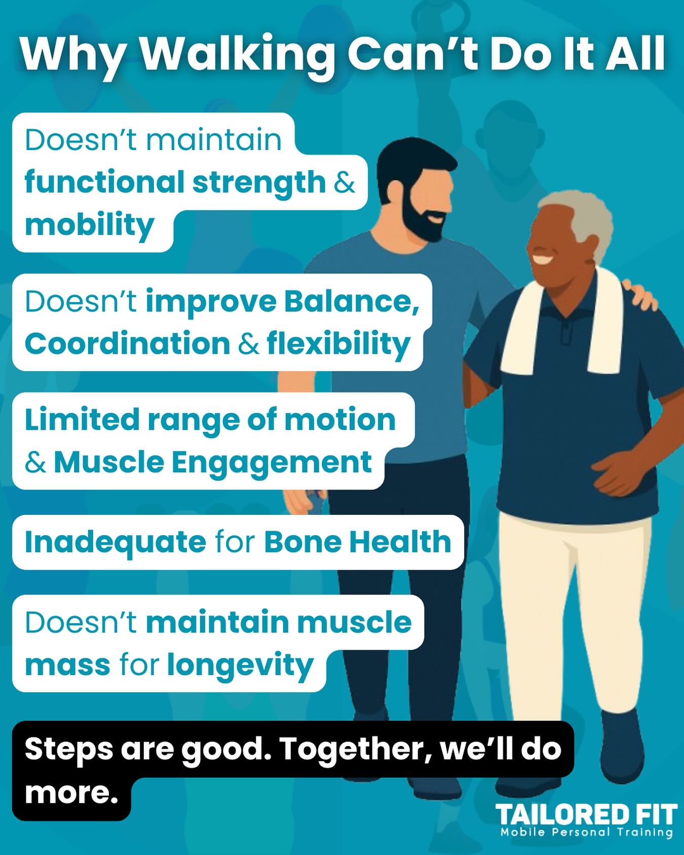 Walking’s great for getting from A to B — but it won’t keep you living life on your terms.
Stronger muscles, solid bones, steadier balance — that’s the real ticket to staying active, independent, and doing what you love for years to come.
Walking is the first step. Together, we’ll take care of the rest.
Message me today- take the first steps and book your free consultation!
#HealthyForLife #StrongerForLonger #BeyondWalking #FunctionalFitness #Over40Fitness #TelfordPT #TailoredFit