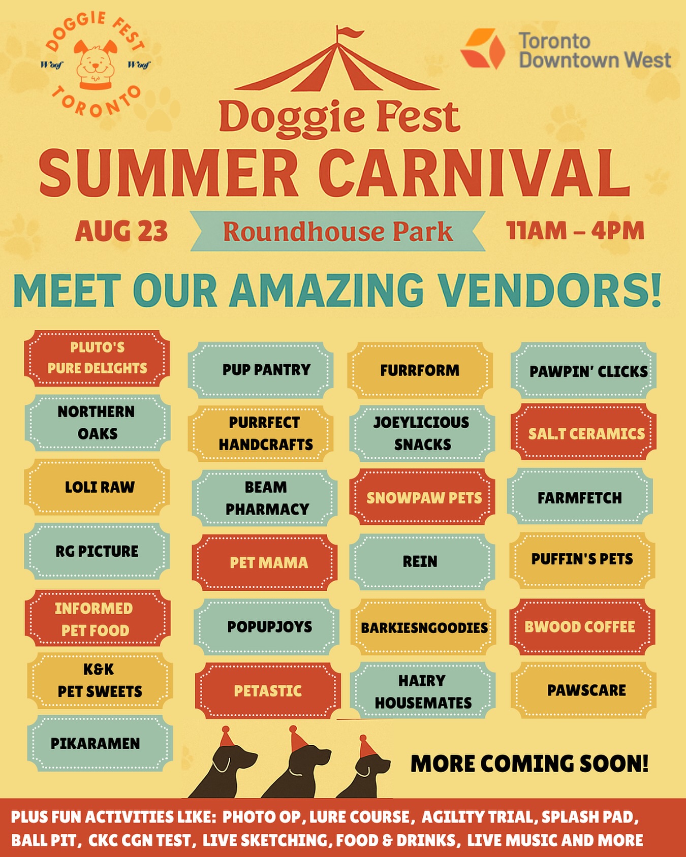 🎪🐾 Meet our amazing vendors for Doggie Fest Summer Carnival! 🐾🎪
Get ready for a paw-some day at Roundhouse Park filled with tasty treats, tail-wagging shopping, and fun activities for you and your pups! 🐶💛
✨ From gourmet snacks to handmade treasures, our incredible vendors are bringing the best for you and your furry friends.
@plutospuredelights
@northernoaks.shop
@loli.raw
@rg_dogpic
@informedpetfood
@pikachuramen
@puppantry.ca
@purrfect_handcrafts
@beam.pharmacy
@petmama
@popupjoys
@petastic.ca
@hairy_housemates
@reinpets
@joeylicious_snacks
@furrform
@barkiesngoodies
@pawpinclicks
@sal.t_odyssey
@farmfetchpet
@puffinspets
@bwood.coffee
@dogloversdays_lure_course
📅 Save the date: Saturday , Aug 23
📍 Roundhouse Park, Toronto
🎟 FREE admission – all paws welcome!
🐕 Tag your dog-loving friends and let’s make this a summer carnival to remember!
#DoggieFestToronto #SummerCarnival #DogFriendlyToronto #TorontoDogs #DogEventToronto #ShopPlayCelebrate #DoggieFestVendors #RoundhousePark