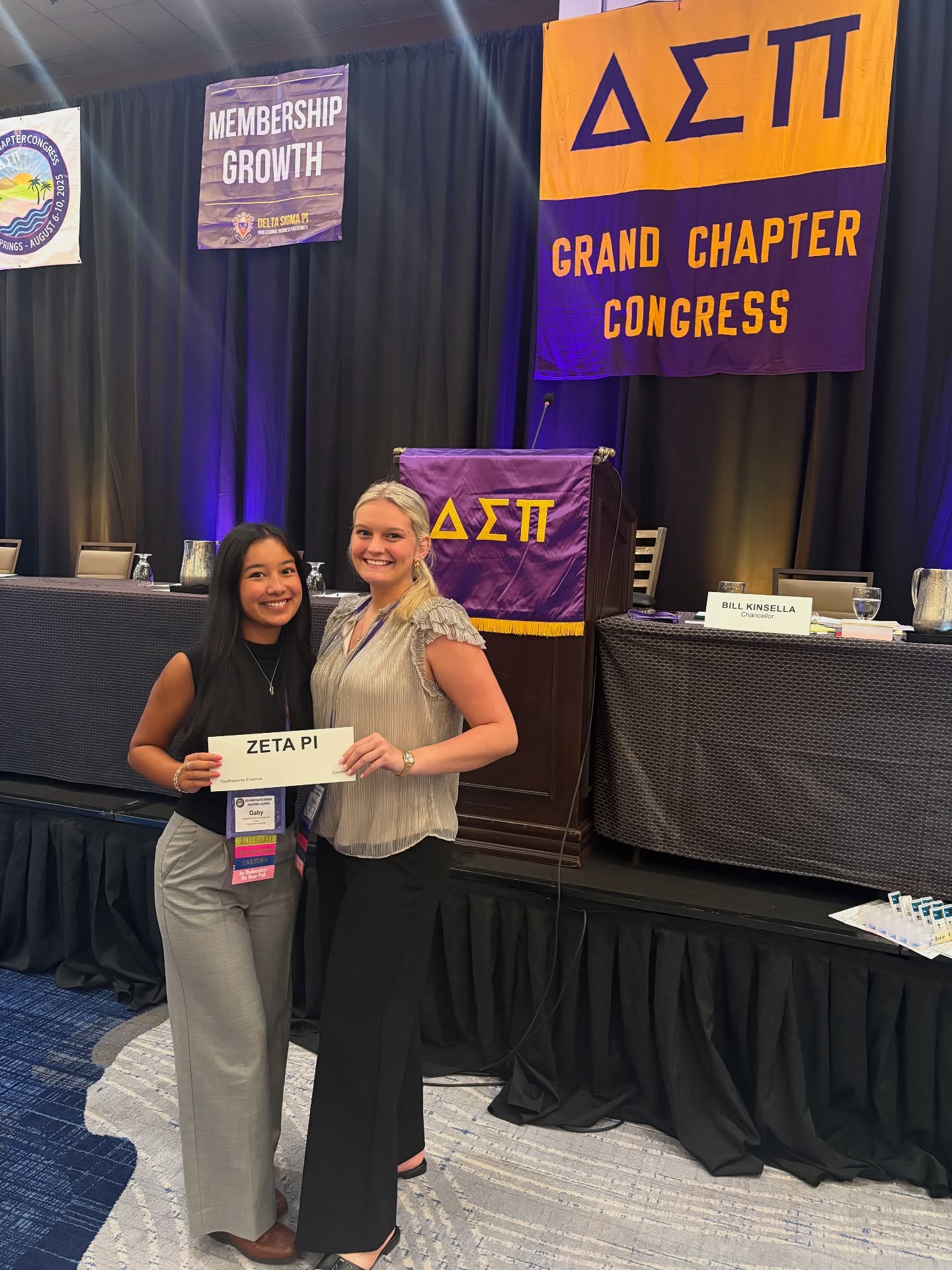 Alexa and Gaby attended the 56th Grand Chapter Congress in Palm Springs! ✈️🏝️ They participated in various business meetings, including the election for the National Leadership Team. We are so proud of them for representing Zeta Pi! 💜💛 #dspgcc
