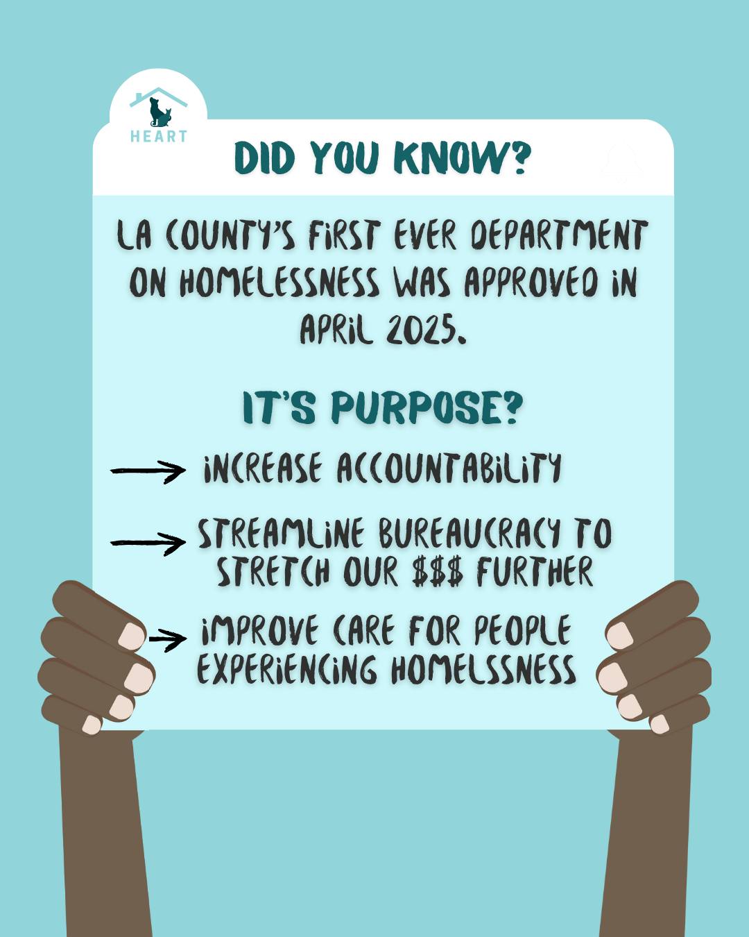 š£ CALL TO ACTION: Submit your feedback/questions to the LA County Department of Homeless Services and Housing. This newly consolidated department will be focused on implementing solutions to homelessness across LA County, which is a very important and multifaceted project to undertake. Thus, we encourage you to provide feedback about policies and strategies that have failed our fellow community members, and ask questions around:
Budget allocated for direct services
- Co-sheltering programs that keep families housed together (and are pet inclusive)
- Food and resources (e.g., clothing) security
- Mental and physical health services
- Prevention programs to keep people and pets housed
New policies or modification of existing, inefficient policies
- Harm reduction and trust-building approaches
- Intersectionality and racial equity approaches
- Keeping undocumented folks and their pets safe
- Decentering policing and punishment
Submit your feedback and share this post to spread the word!
š£ LLAMADA A LA ACCIĆN: EnvĆe sus comentarios y preguntas al Departamento de Servicios para Personas sin Hogar o Vivienda del Condado de Los Ćngeles. Este departamento recientemente formó, y se enfocarĆ” en implementar soluciones para apoyar a las personas con falta de vivienda en todo el Condado. Esta es su oportunidad para dar su opinión sobre las polĆticas y estrategias que han fracasado a nuestros compaƱeros de la comunidad. Puede enviar preguntas sobre:
Presupuesto asignado a servicios directos
- Programas que ofrecen hogares/albergue y que mantienen a familias juntas (e incluyen mascotas)
- Acceso a comida y recursos (por ejemplo, ropa)
- Servicios de salud mental y fĆsica
- Programas de prevención para mantener a personas y sus mascotas juntas
Nuevas polĆticas o modificaciones a polĆticas que han sido ineficientes
- Enfocarse en reducir daƱo y facilitar confianza
- Estrategias de interseccionalidad y equidad racial
- Seguridad y protección para personas indocumentadas (y sus mascotas)
- Descentralizar métodos de criminalización y castigo
EnvĆe sus comentarios y comparta esta publicación para compartir este mensaje.