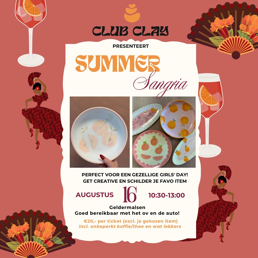 🍷🍊 Nieuw thema alert!
Aanstaande zaterdag duiken we in de zomer met: Summer Sangria ☀️🎨
Denk vrolijke kleuren, fruitige vibes & een flinke dosis gezelligheid 💕
Zin om jouw eigen keramiek te schilderen?
🎟️ Boek je plekje via de website voordat de laatste spots weg zijn!
#clubclay #summersangria #keramiekschilderen #vriendinnenuitje #creatiefmomentje #zomersuitje #paintandchill