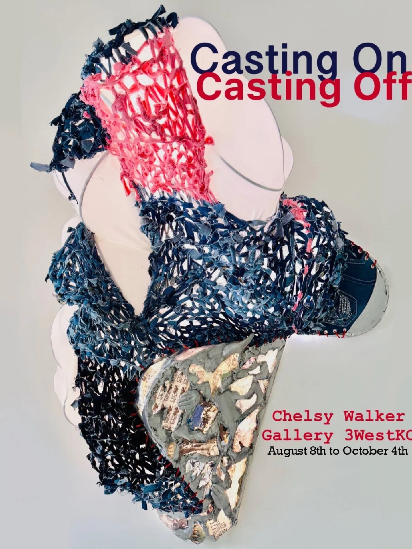 Opening Reception THIS Friday! 6-8pm @3west_kc . 1106 Santa Fe St. 3rd Floor, Kansas City, MO 64101
3West_KC is pleased to announce a new solo exhibition by Olathe based artist Chelsy Walker entitled Casting On/Casting Off.
The exhibition will run from August 8th to October 4th with an opening reception Friday August 15th from 6-8. Additional exhibition programming will be announced in the near future.
Casting On/Casting Off is the first solo exhibition in Kansas City by artist Chelsy Walker. This installation invites both a personal and collective reckoning. It explores how family ties, generational trauma, and shifting identities are not static weights but evolving constructions. The work speaks to havoc and healing, rupture and resilience, choice and chance.