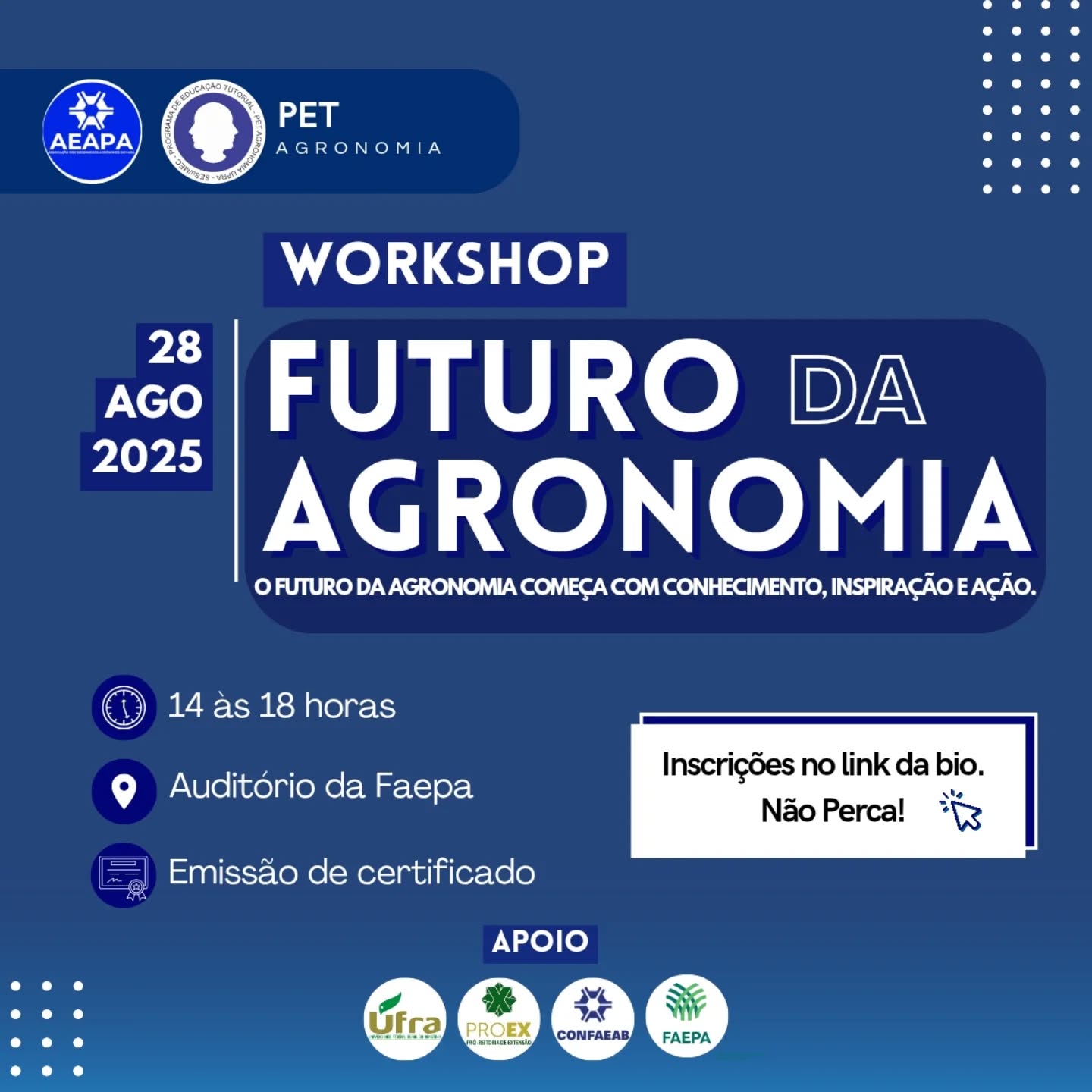 Prepare-se para o Workshop Futuro da Agronomia! 🌱
O PET Agronomia convida você para um encontro imperdível que vai discutir tendências, inovações e desafios que moldarão o futuro da agronomia no Brasil.
No dia 28 de agosto de 2025, das 14h às 18h, no Auditório da Faepa, vamos discutir as tendências, desafios e oportunidades para a agronomia nos próximos anos.
Neste evento, você terá a oportunidade de ouvir grandes especialistas, conhecer novas perspectivas para o mercado, trocar experiências e se inspirar para atuar de forma ainda mais estratégica e sustentável no setor agro.
Garanta sua vaga agora mesmo pelo link na bio! Não deixe para depois, as vagas são limitadas.
#FuturoDaAgronomia #Workshop #UFRA #PETAgronomia
