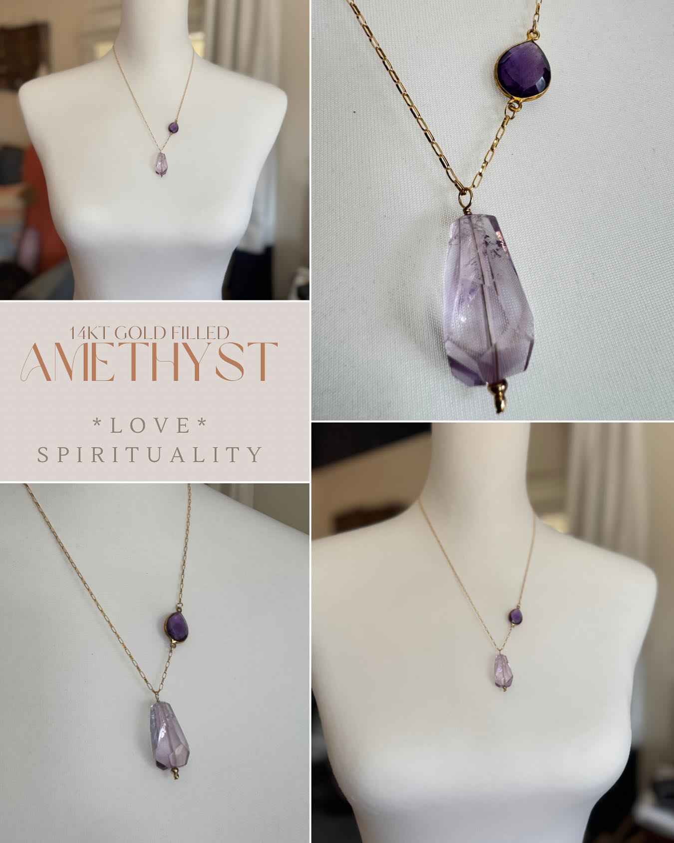 Amethyst and 14kt gold filled necklace. Amethyst is a spiritual and protective stone that transmutes energy into love. Helpful in meditation, it enhances higher states of consciousness. It assists with focus And assimilation of new ideas, connecting cause-and-effect. It is also a balancing stone that promotes emotional centering. Traditionally worn to prevent drunkenness and support sobriety, it can assist in overcoming addictions and blockages of all kinds.
Check it out in person at the Washington Heights Night Market tomorrow 8/14. *Details in our story