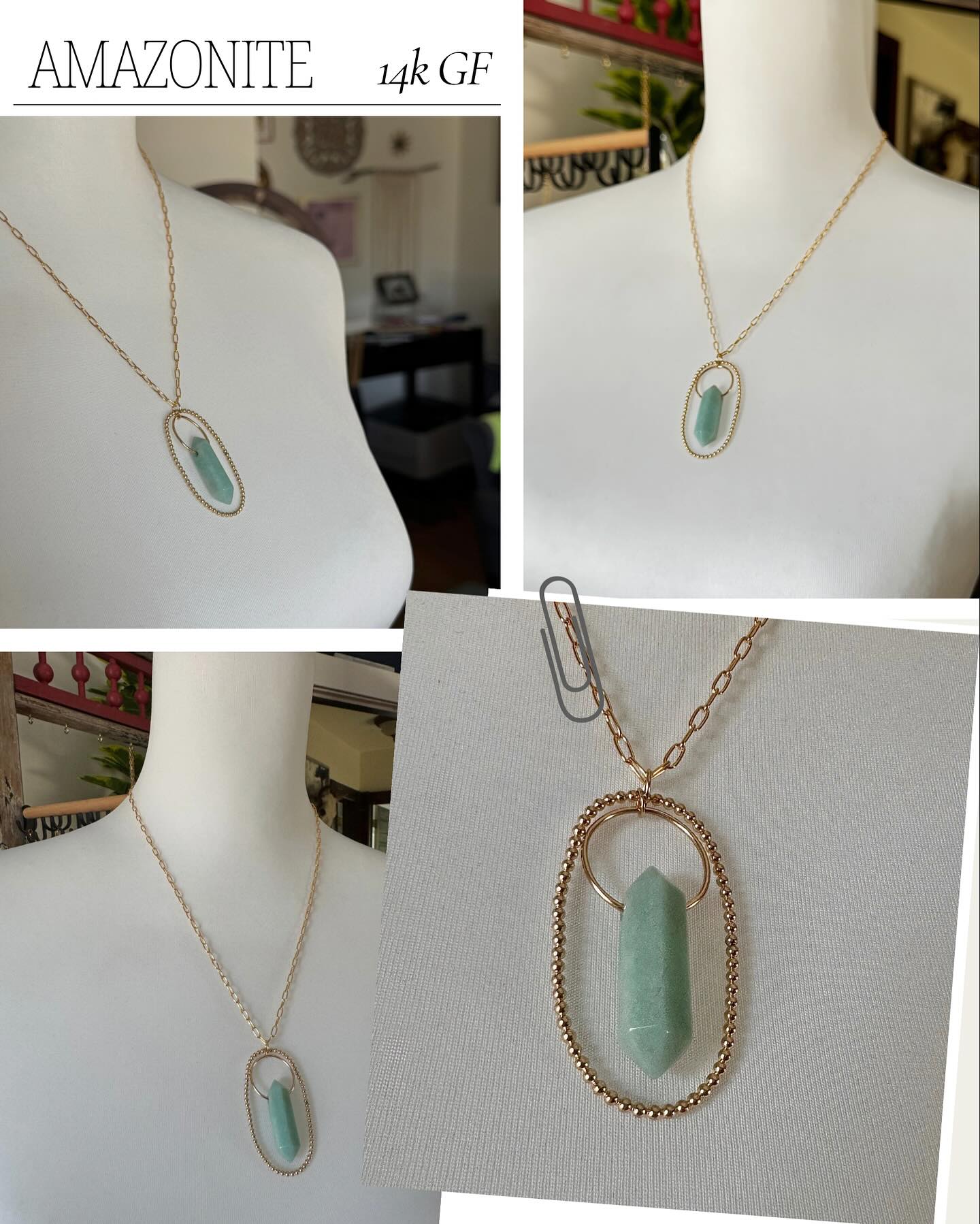 Amazonite pendant on a 20-inch 14kt gold filled necklace.
Check it out in person at the Washington Heights Night Market on 8/14. *Details in our story