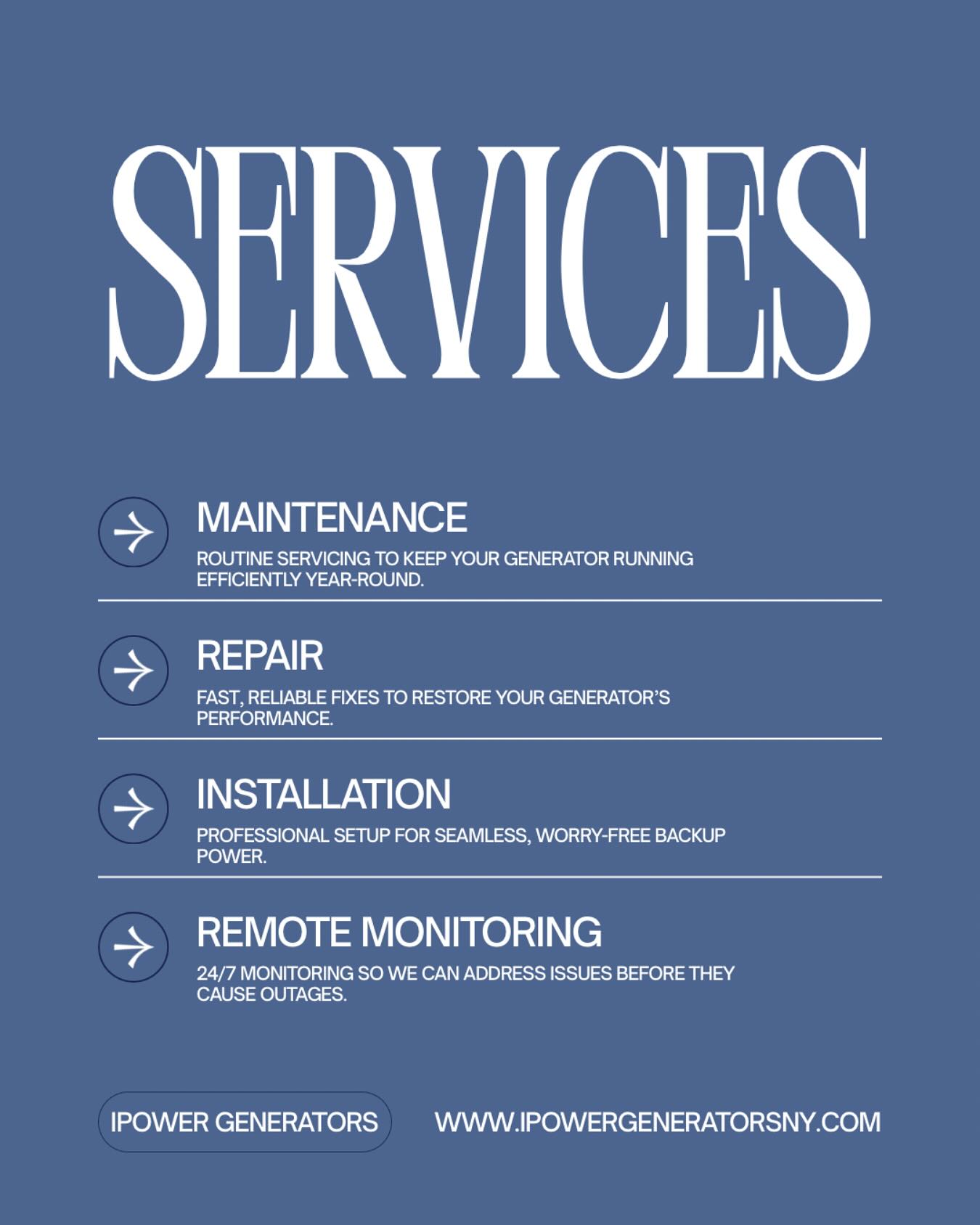 Keep your power ready when you need it most!
From maintenance to repairs, installations, and 24/7 remote monitoring — iPower Generators has you covered every step of the way. 💪🔧
📞 Call us today or visit www.ipowergeneratorsny.com to schedule your service.
#GeneratorService #BackupPower #WestchesterNY #GeneratorMaintenance #Generac #Kohler #Briggs