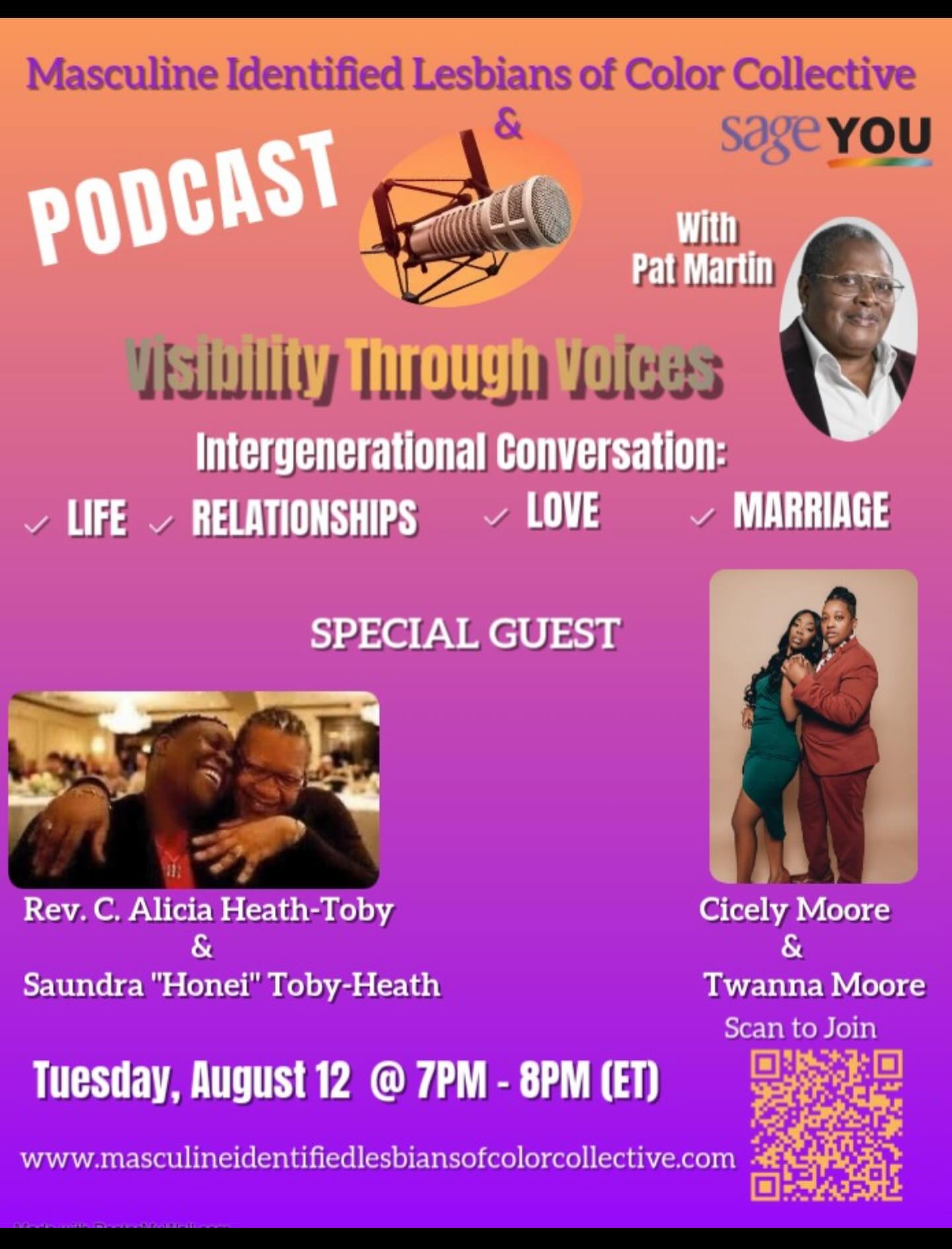 Something EXCITING is about to happen! Don’t miss out! Join “Visibility Through Voices” a podcast for the LGBT movement Tomorrow, August12 from 7pm - 8pm (et) a discussion on Life! Relationships! Love! Marriage! Scan the link to enter and join the conversation