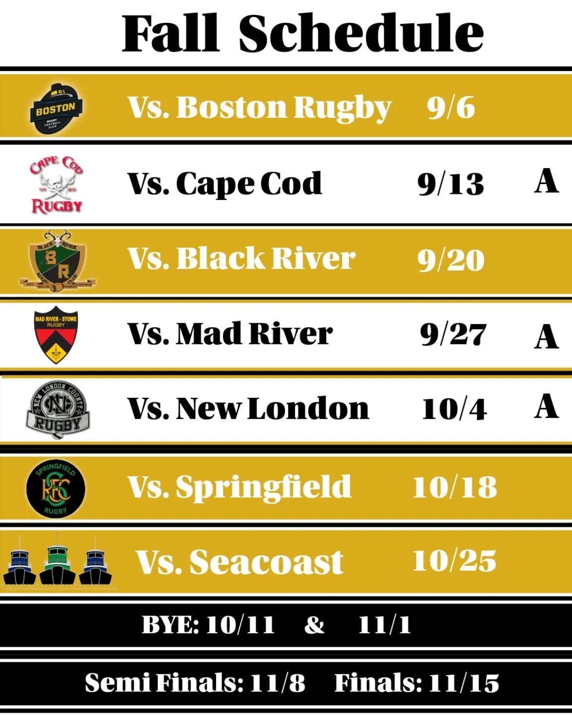 RISE AND SHINE RUGGERS, Running back our Fall Schedule since we want to make sure you save the date! We are excited to take on competition this fall and are ready to work. See everyone out there!
#oldgoldrugby #rugby #bostonrugby #boston