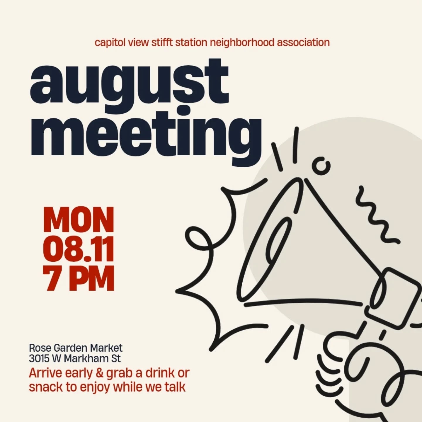 Meeting reminder! There will be extra time to visit and get to know our neighbors this month. We hope to see you there!