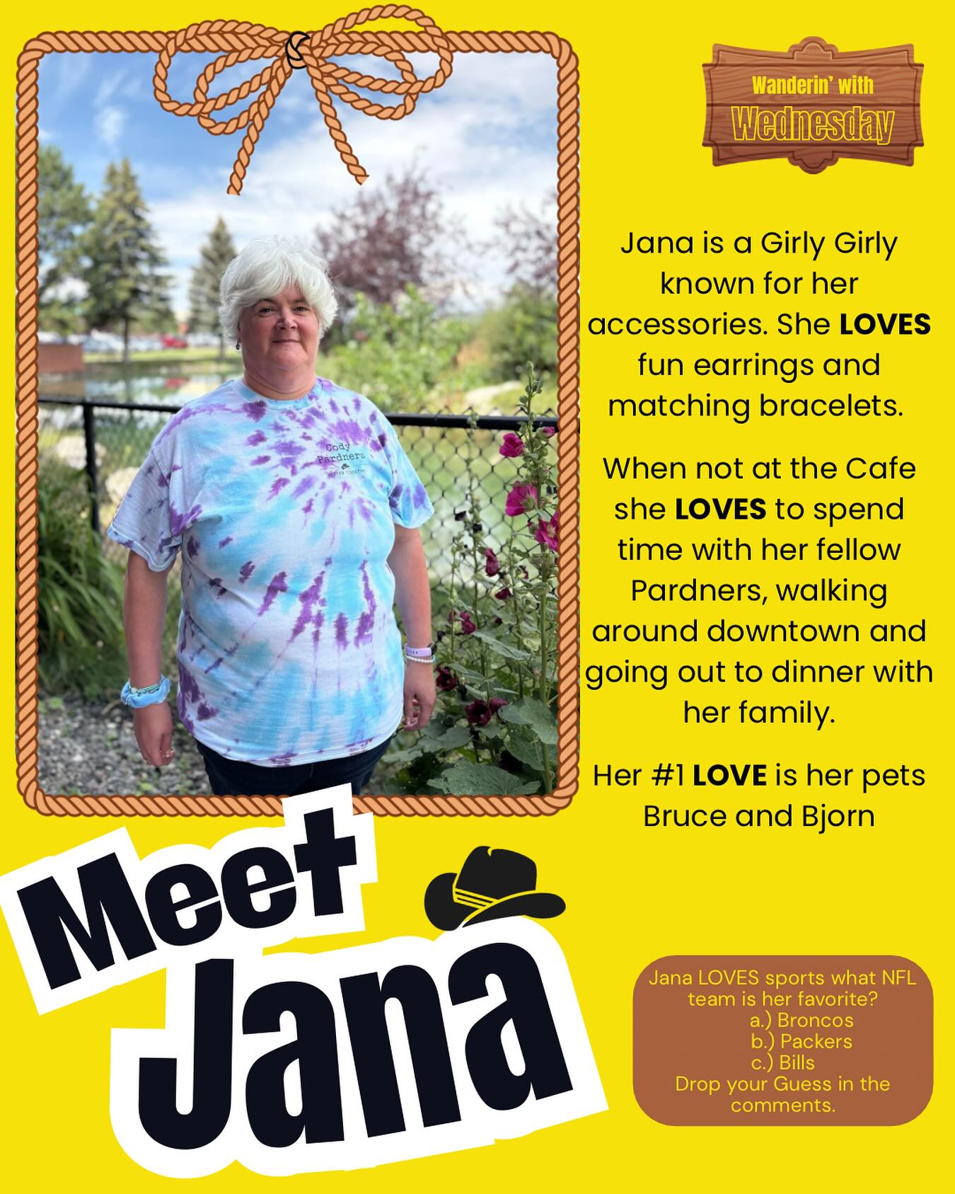 Meet Jana!
Jana LOVES sports! What NFL team do you think is her favorite? 🏈
a.) Broncos
b.) Packers
c.) Bills
Drop your Guess in the comments!
Come back August 27th for part two where we will introduce Jana from the Cafe’s perspective!✨