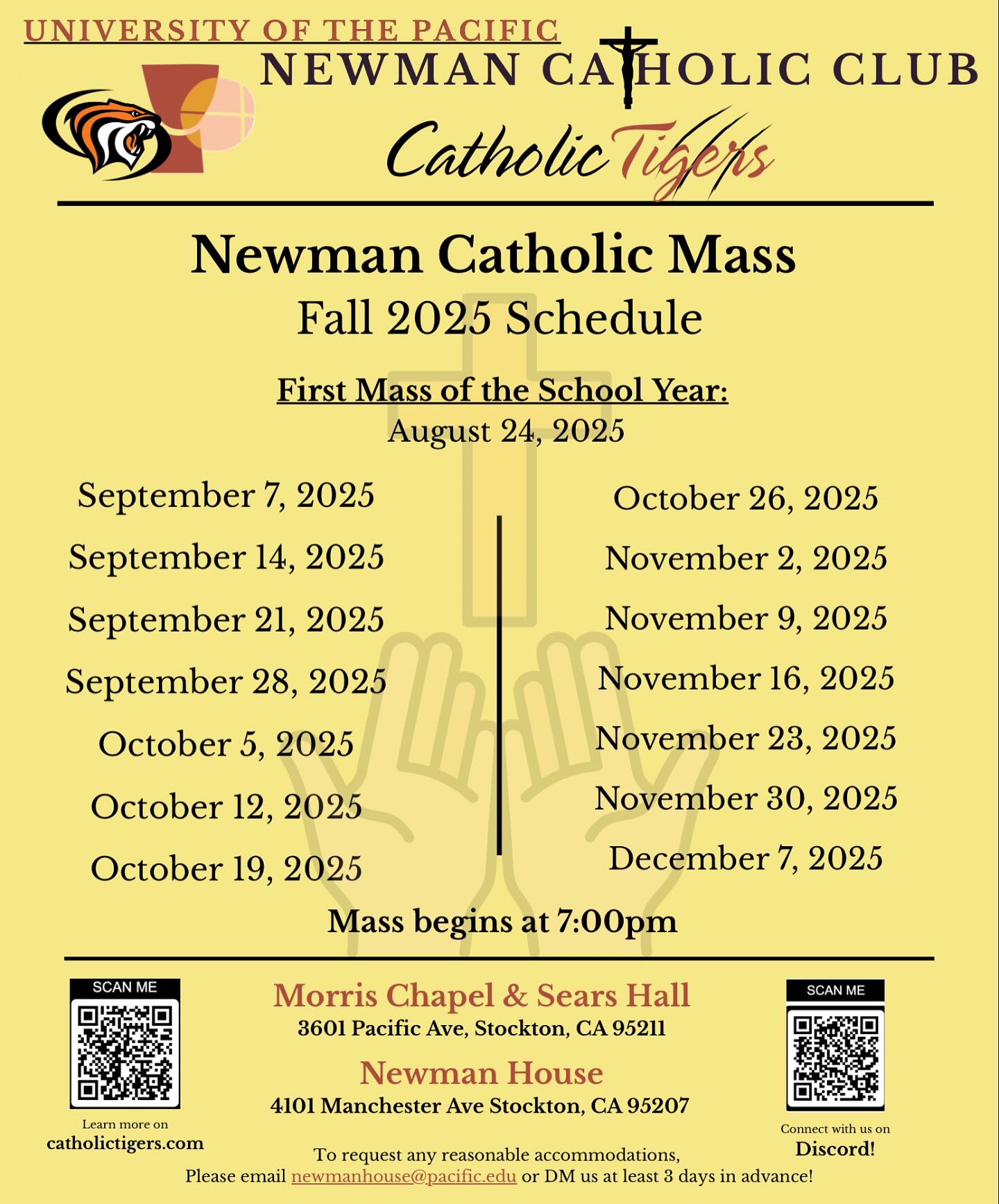 Happy Sunday! Here is the Fall 2025 Mass Schedule.
The Holy Mass will take place on campus at Morris Chapel at 7pm. The chapel is located next to Grace Covell.
Come and let us worship Our Lord, Jesus Christ! 🙏✝️