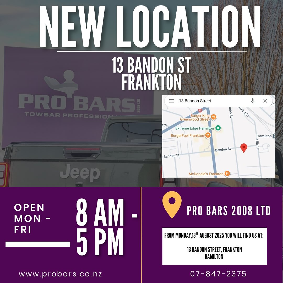 🚛 WE’RE RELOCATING 🚛
As of Monday, 18th August, you will now find us at our new location just over the bridge still in the heart of Frankton, Hamilton.
We look forward to welcoming you to our new building, where our friendly team and professional engineering staff will continue to provide the same exceptional service here at @_probars 🔧
📍13 Bandon Street, Frankton, Hamilton
📞 07 847 2375
https://share.google/XuZSHGizFsDIhrIR5