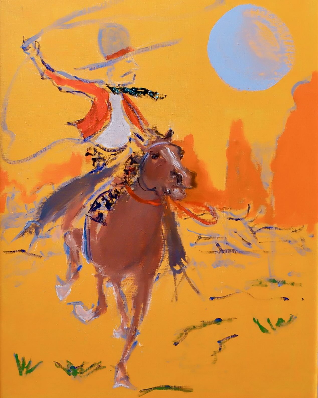 This painting, titled “Vaquero,” is currently featured in our exhibition titled “Quick on the Draw” at the Pound Arts Centre in Corsham.
The inspiration for the image stems from the covers of cowboy comics published in the 1950s. The Spanish title, “Vaquero,” translates to “Mexican Cowboy.”
The Vaquero is depicted chasing a longhorn. The intention was to convey a sense of movement through the brushstrokes. The representations of the images vary from outlines to more defined forms. This painting is part of the Sombreromen series.
Come and see the real painting from our exhibition as well the exciting art in the Pound Art Open. Both exhibitions are on until August 23rd.
#Vacquero #sombreromen #wiresculpture #suehallissey #enpleinair #watercoloursofinstagram #wiltshireartists #outsiders #art #artoninstagram #poundartscentrecorsham #curatorcllairetodd