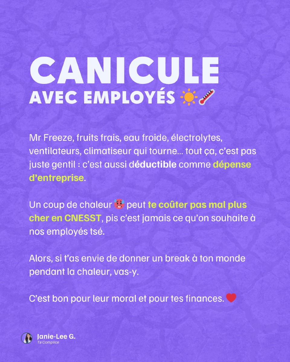 Si t’es un employeur, je t’invite fortement à partager ce que t’as fait pour aider ton monde à mieux passer la canicule. 🥵💦
Montrer ces gestes, c’est prouver que tes employés comptent vraiment pour toi. 💛
Plus de pauses à l’air climatisé, des collations fraîches, de l’eau FROIDE… c’est pas juste gentil : c’est de la prévention.
Résultat? Moins de coups de chaleur, moins de fatigue intense et des employés plus motivés, reconnaissants, qui ont plus d’énergie pour bien faire leur job.
Bref, c’est gagnant pour eux et pour toi. 😉
✨ N’hésite pas à me taguer dans ta publication ou à me dire juste ici en commentaire ce que t’as fait pour la canicule, pour eux… ou pour toi ! (je prends les trucs moi aussi, tsé.)