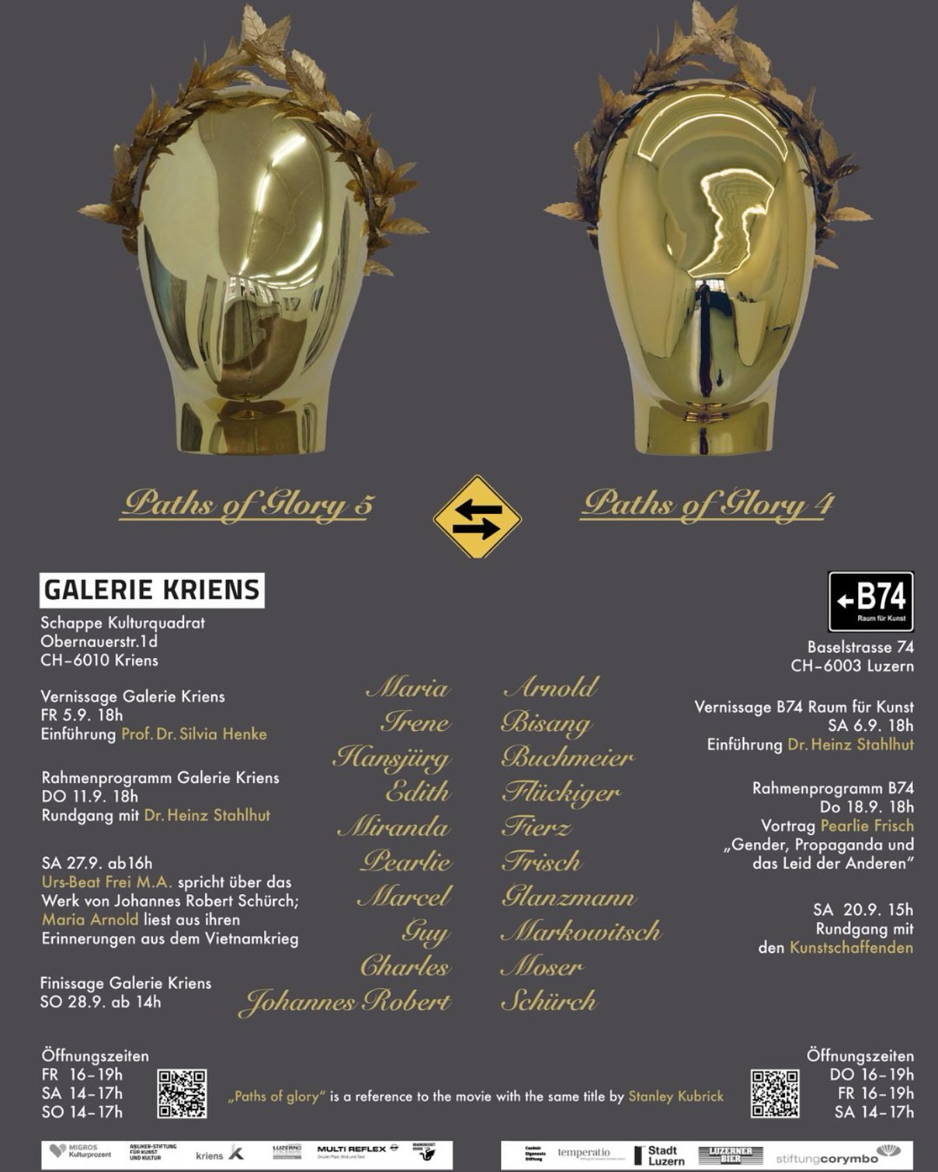 Announcing our next group exhibition “Paths of Glory” 🏆
Vernissage 6.9 18h
Einfürung Dr. Heinz Stahlhut
Rahmenprogramm B74
Do 18.9 18h
Vortrag @pearliefrisch
“Gender, Propaganda und das Leid der Anderen”
SA 20.9 15h
Rundgang mit den Kunstschaffenden
#mariaarnold #irenerisang #hansjürgbuchmeier #edithflückiger #mirandafierz #pearliefrisch #marcelglanzmann #guymarkowitsch #charlesmoser #johannesschürch