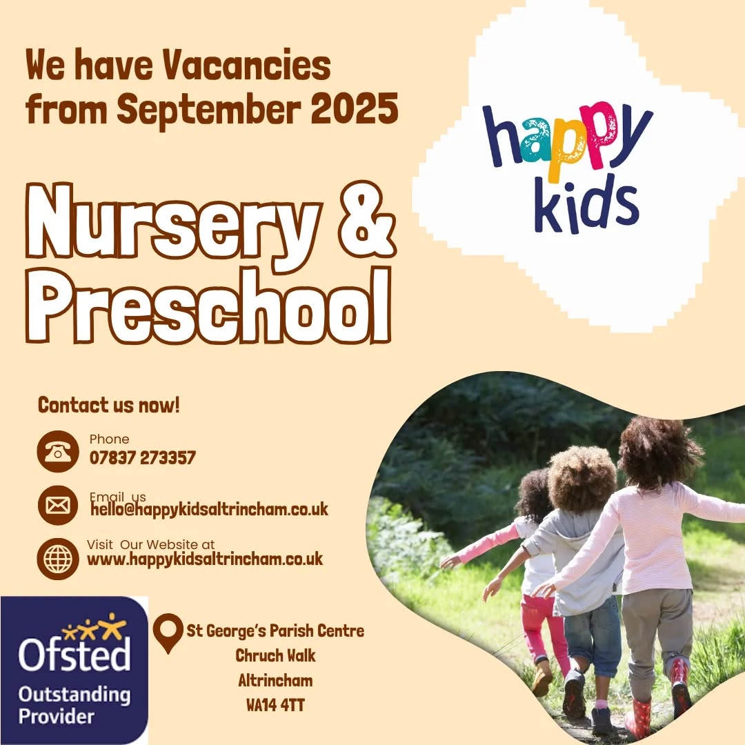 Good News for Parents!
We have limited vacancies available from September 2025 at Happy Kids Nursery & Preschool!
Looking for childcare that fits your family's unique schedule?
We offer flexible session options to support your needs, whether it's full-time, part-time or a custom arrangement.
Our nurturing environment and passionate team provide the perfect start for your little ones.
Contact us today to learn more and secure your child's spot! Grab this opportunity to give your child the best start.
#NurseryVacancies #SeptemberVacancies #FlexibleChildcare #EarlyYears #Altrincham # HappyKids