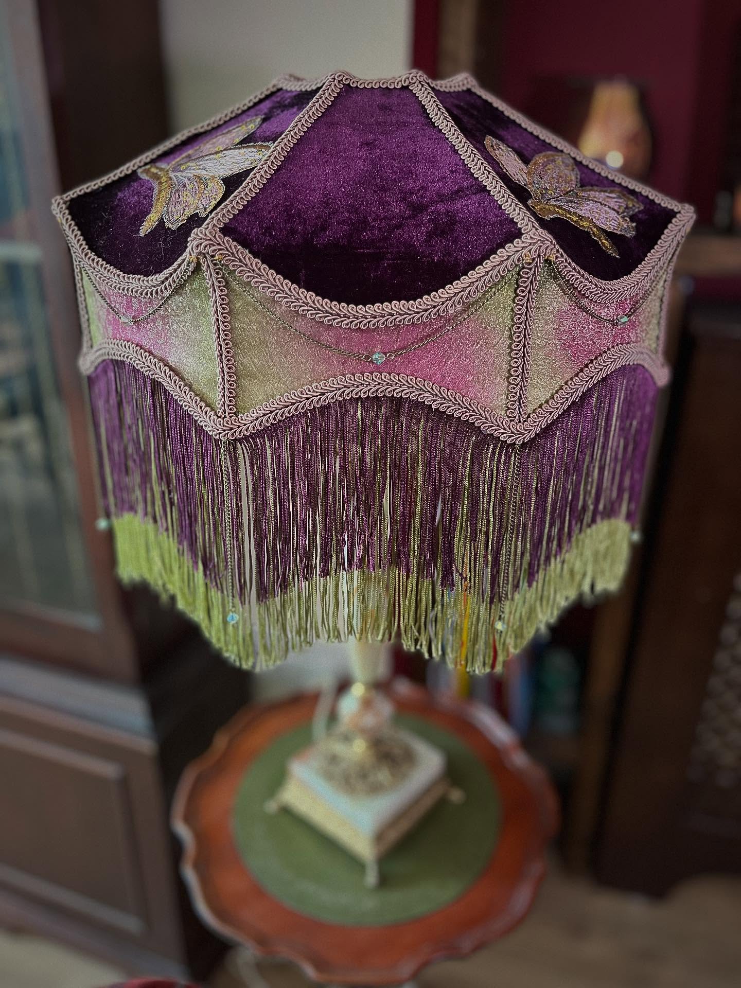 .
Name: Beatrice (Meaning - ‘She who makes others happy’)
Colour: Plum/Lime Green/Pale Pink
Lamp Frame: Double Scalloped 14”
Lamp Style: Pendant/Table Lamp
Category: Vintage Glamour
£318.99
Go to www.ritzyroguelampshades.co.uk