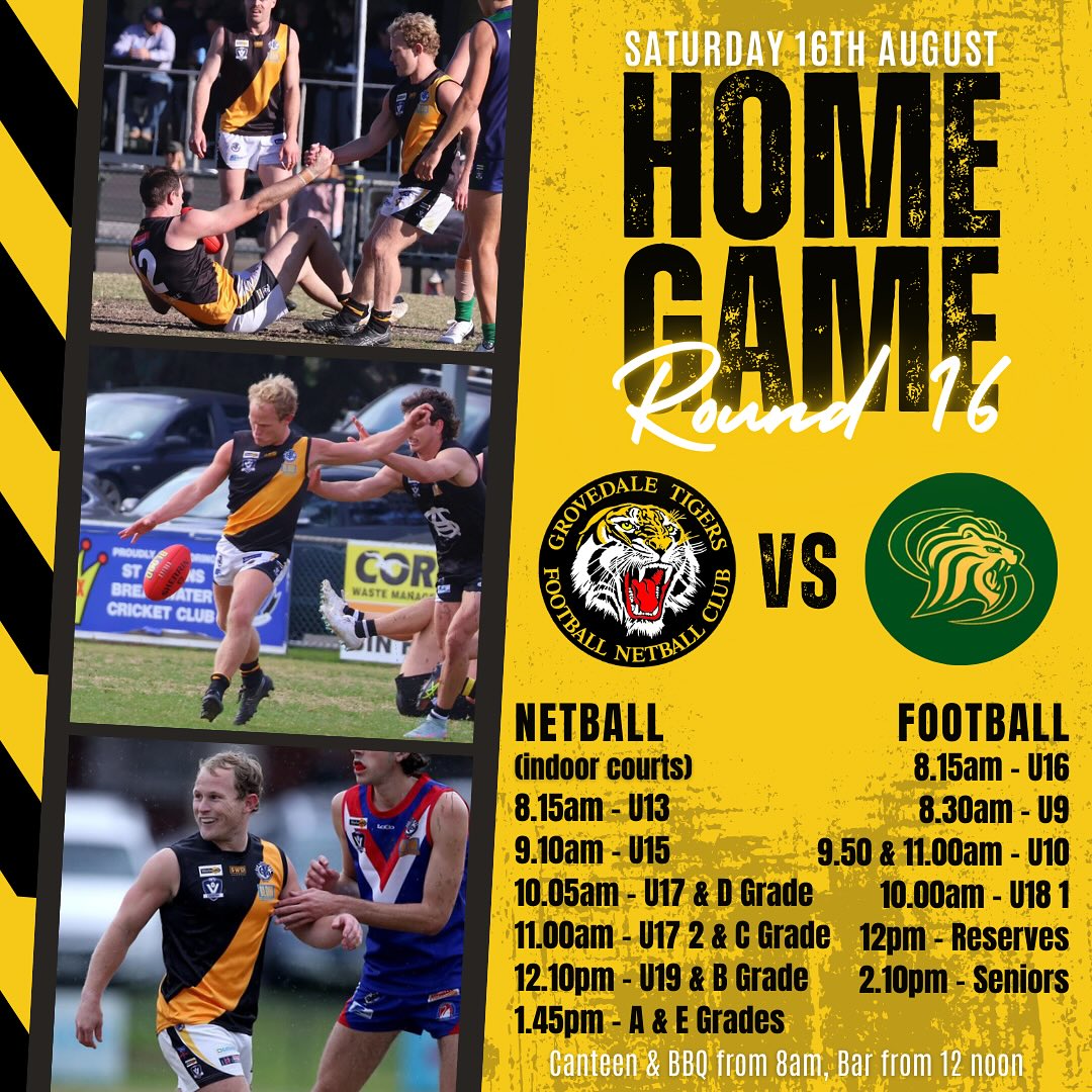 🟡⚫️ROUND 16🟡⚫️
A huge weekend coming up!!!
Saturday we take on Leopold on our home turf and Sunday is footy finals for our Senior Women 💪
GOOD LUCK 💛🖤