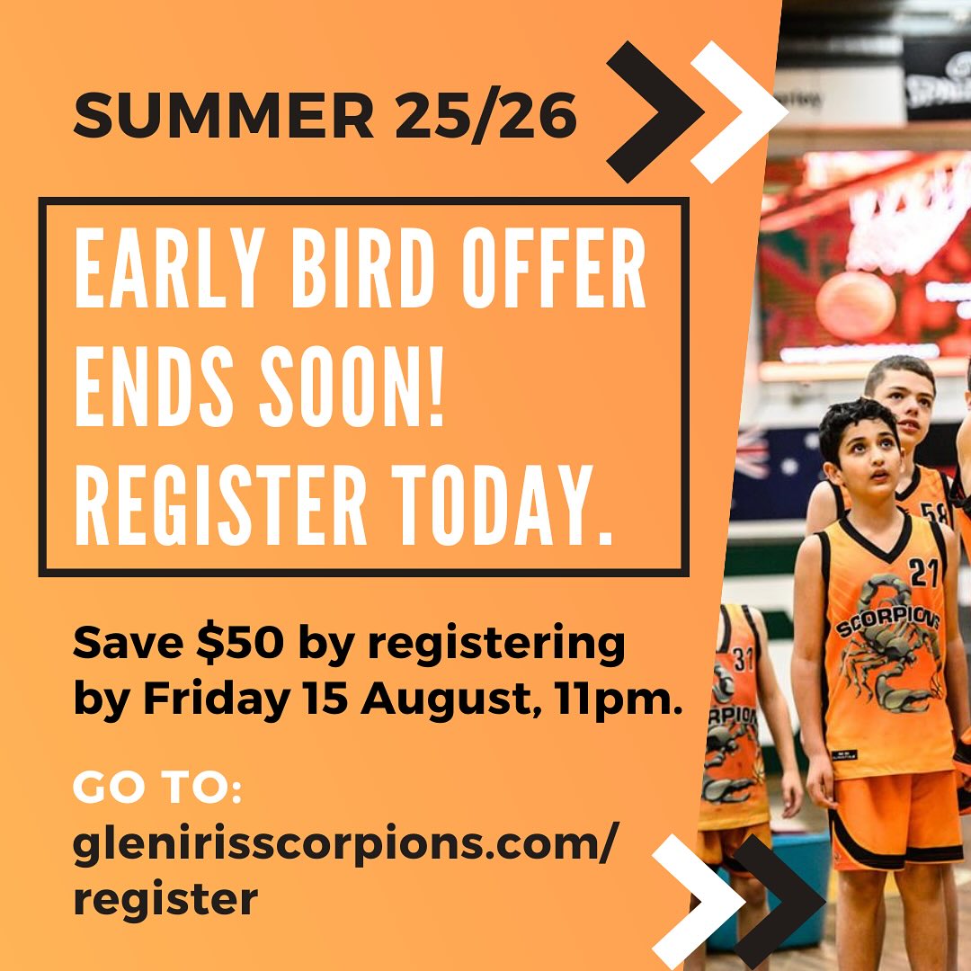 Summer 2025/26 registrations are now open! Register by Friday 15 August to save $50 off our normal fees. Registrations will close Monday 25 August and late fees will apply after this date.
We welcome any parents who would like to support the club and ensure our future to join our committee. New members will receive 50% off their first registration fee, and then 100% in following seasons. We appreciate all our committee members and would not be able to run our wonderful club without them.
Summer season starts the first week of term 4 (Tuesday night games 7 October, Saturday games 11 October, Sunday games 12 October). Sting sting Scorpions! π¦
https://www.glenirisscorpions.com/register