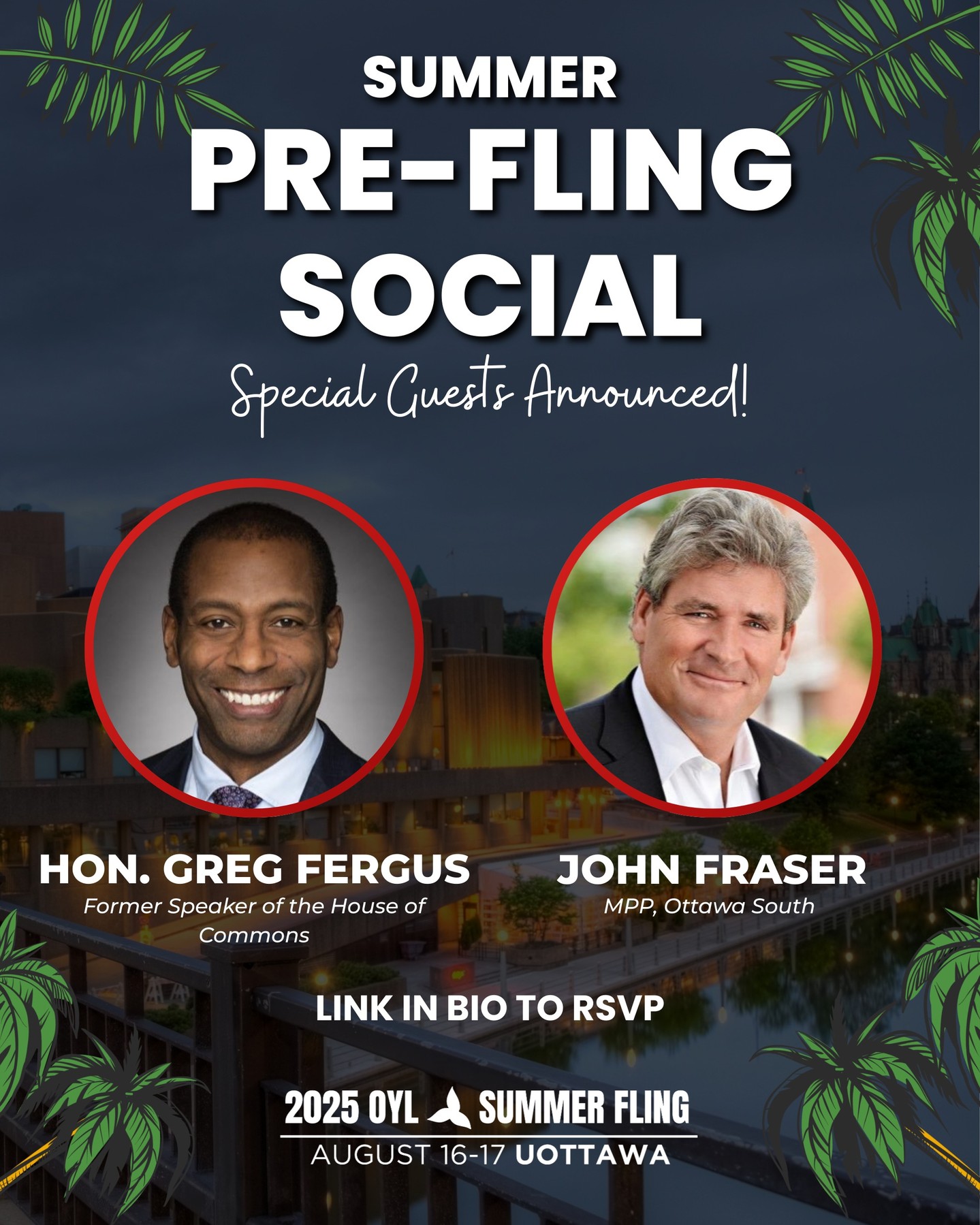 We are excited to announce that the Hon. Greg Fergus & MPP John Fraser will be joining us at tomorrow’s Summer Pre-Fling Social. RSVP in bio if you haven’t yet! We can't wait to see you all this weekend.
//
Nous sommes ravis d'annoncer que l'honorable Greg Fergus et le député provincial John Fraser se joindront à nous demain lors de la soirée pré-Fling estivale. RSVP dans la bio si vous ne l'avez pas encore fait ! Nous avons hâte de vous voir tous ce week-end.