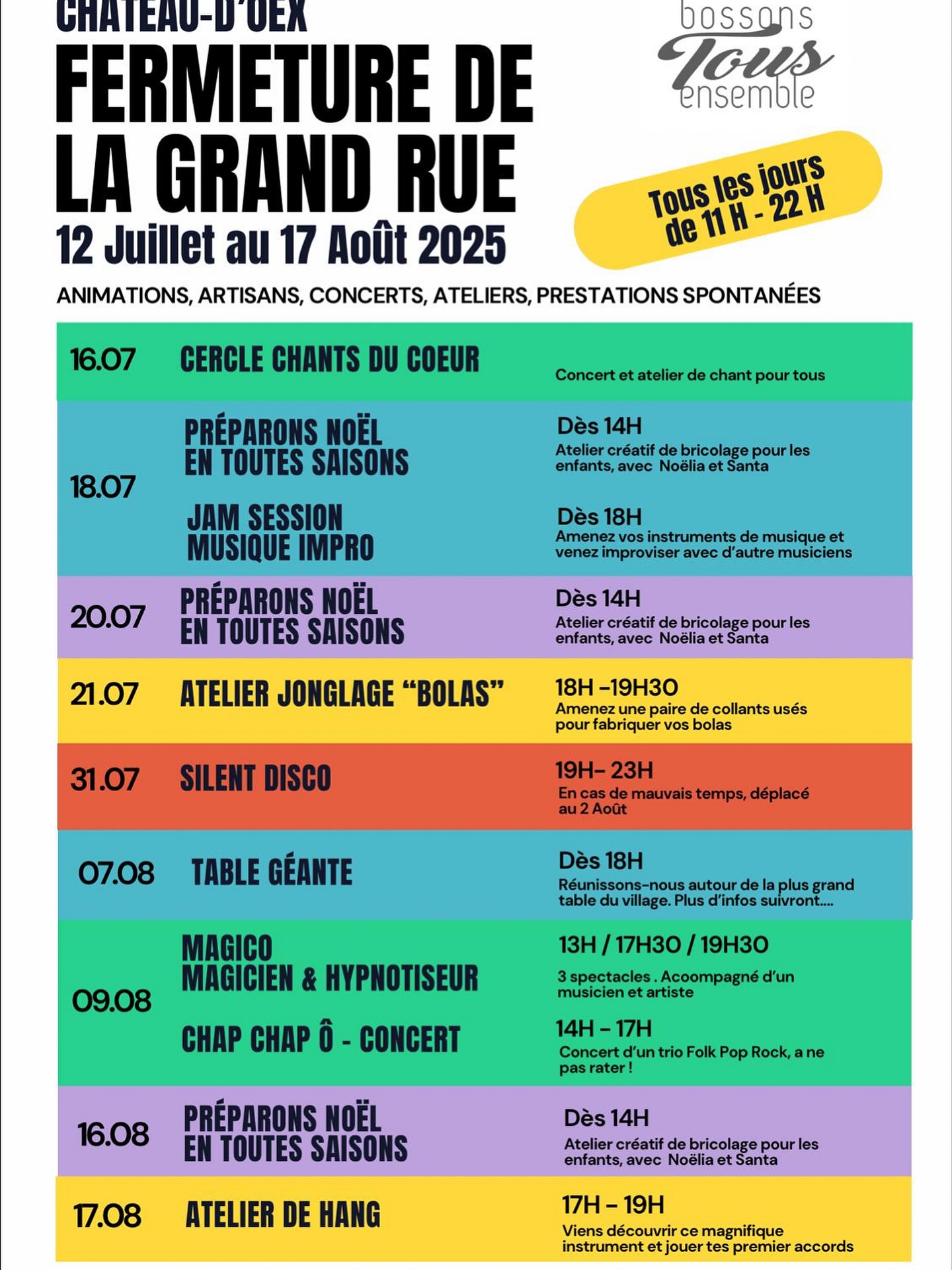 🎉 Derniers rendez-vous de l’été dans la Grand’Rue !
La fermeture de la rue piétonne touche à sa fin… mais on vous réserve encore deux moments à ne pas manquer :
📅 Samedi 16 août 2025
🧵 Dès 14h — Préparons Noël en toutes saisons (atelier créatif pour les enfants)
📅 Dimanche 17 août 2025
🥁 17h à 19h — Atelier de hang avec Jeff : venez découvrir ce magnifique instrument et jouer vos premiers accords 🫶
📍 Grand Rue, Château-d’Oex
#paysdenhaut #chateaudoex #ruepietonne #bossonstousensemble