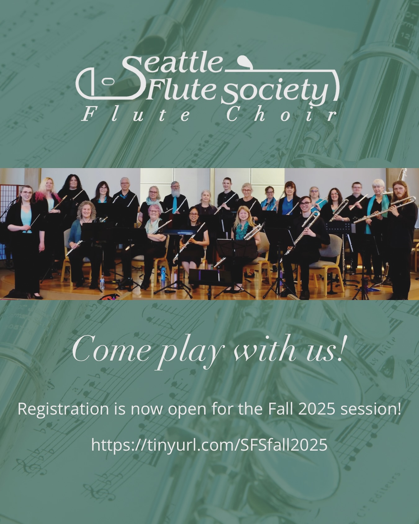 Are you an adult flutist looking for a fun, friendly, flute choir to play with? The Seattle Flute Society Flute Choir is now accepting new members for our Fall 2025 session - no audition required! Visit https://tinyurl.com/SFSfall2025 to sign up. Questions? Send @jollyflute a message! #flutechoir #amateurflutist #flute #flutemusic