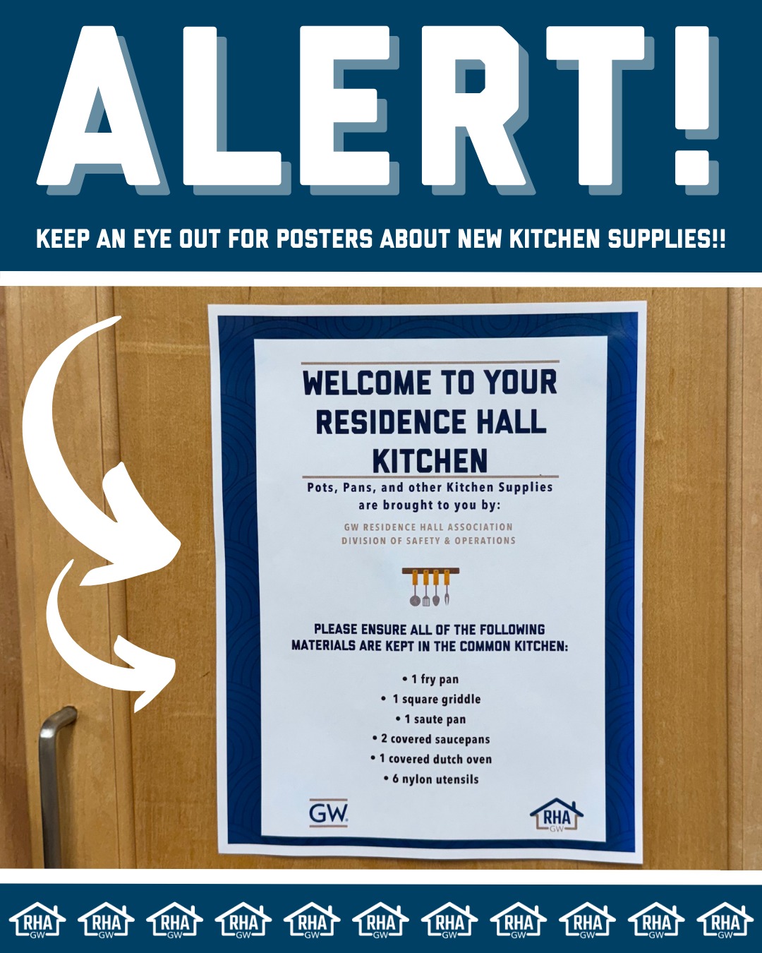 Happy move-in week GW!!
As we all begin to settle into our new semester here in DC, RHA wanted to surprise residents with a complete set of kitchen tools within our community kitchens here on campus! We hope you can continue enjoying these all year, and to help us do this, we ask that you please be mindful that these supplies are a part of our shared spaces here on campus, and respect is key to helping us make every hall a home :D