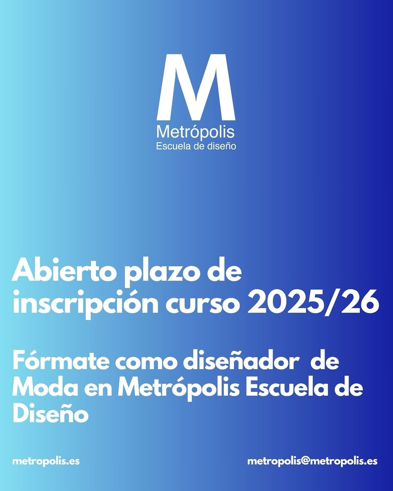 Queda abierto el plazo de inscripción para este nuevo curso 2025/26.
¿A que esperas? No dudes en escribirnos o llamarnos para informarte.
Diseño de Moda, Estilismo, Patronaje Industrial, Moda Flamenca, Moda Infantil.
#yosoymetropolis #escueladediseño #diseñodemoda #dibujo #ilustracion #costura #patronaje #patronajeindustrial #patronajeamedida #modelaje #corteyconfeccion #textil #estilismo #estilista #moda #escalado #novias #patronajeinfantil #pasarelaflamenca #modaflamenca #modaandaluza
