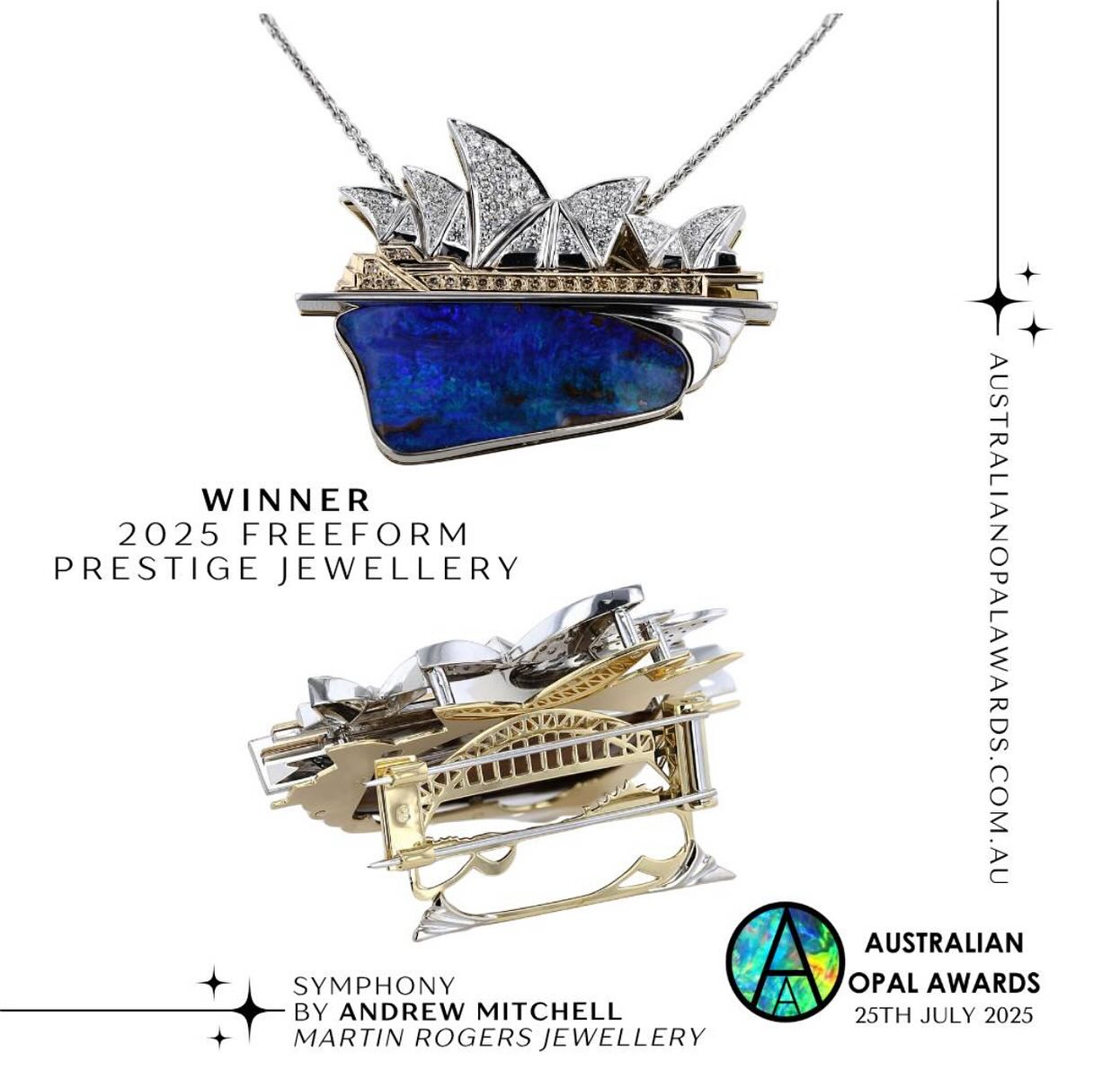 Congratulations to our owner and master jeweller Andrew for his win at the recent Australian Opal Awards!
His piece entitled ‘Symphony’ features an incredible custom-sourced boulder opal and depicts the inspiring monuments at Sydney Harbour, hand crafted in gold with intricate detail.
We are extremely grateful for the chance to enter esteemed competitions such as this, which provide the opportunity to grow as jewellers and express our rich creativity within.
A huge thank you to everyone at @australian_opal_awards , the generous sponsors of the award @lahoudopals and Melonas Mining and all the support we receive from our wonderful customers!
#australianopalawards #opalward #freeformopal #australianjeweller #opal #opaljewellery #australiangemstones #lightningridgeopal #opalfestival #adelaidejeweller #jewelleryaward #martinrogersjewellery