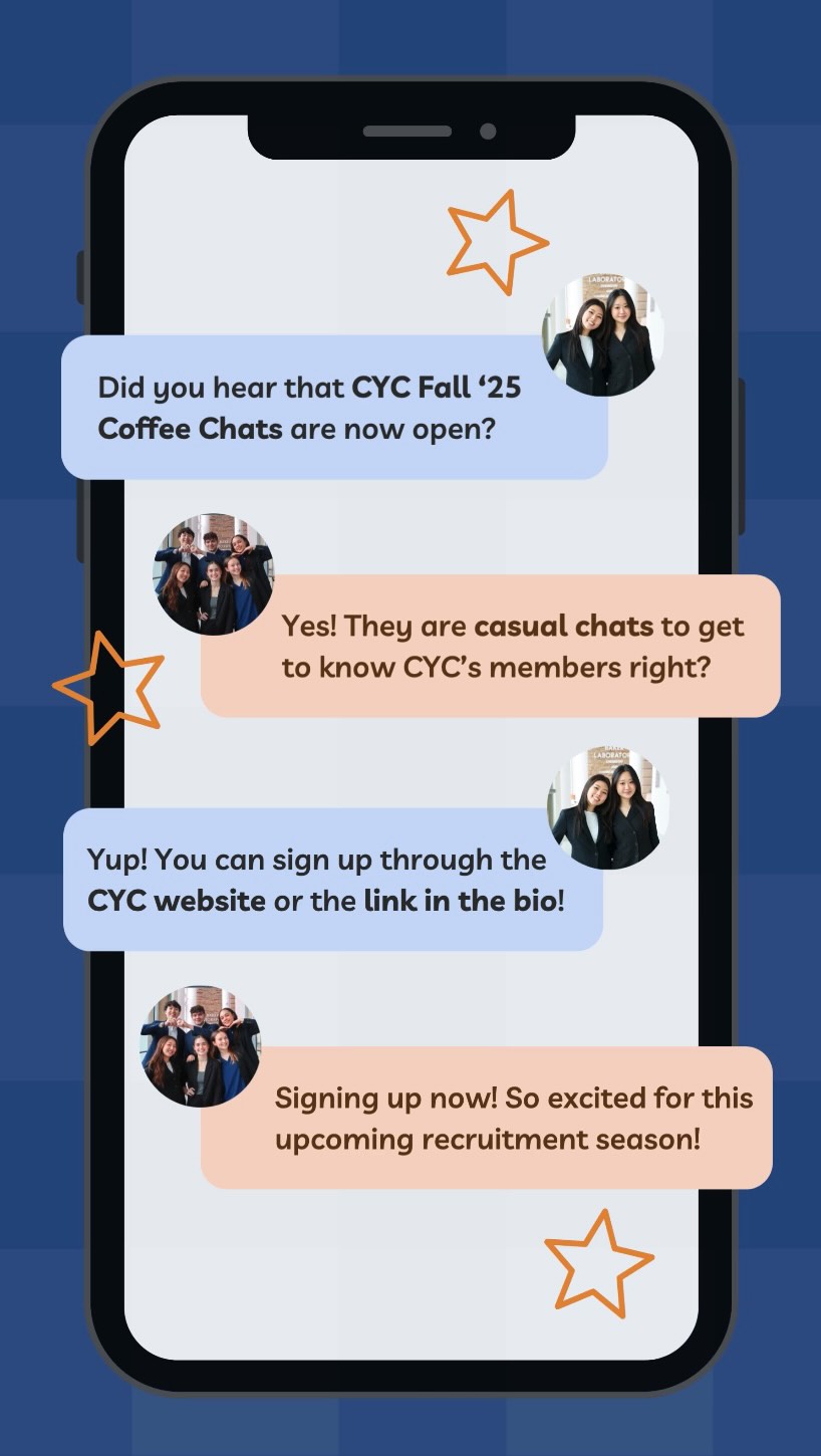 Fall recruitment is fast approaching and coffee chats for Fall ‘25 are NOW OPEN! Sign up via our website or the link in our bio to talk to one of our members and learn more about CYC. We can’t wait to meet you all! 🤭😊