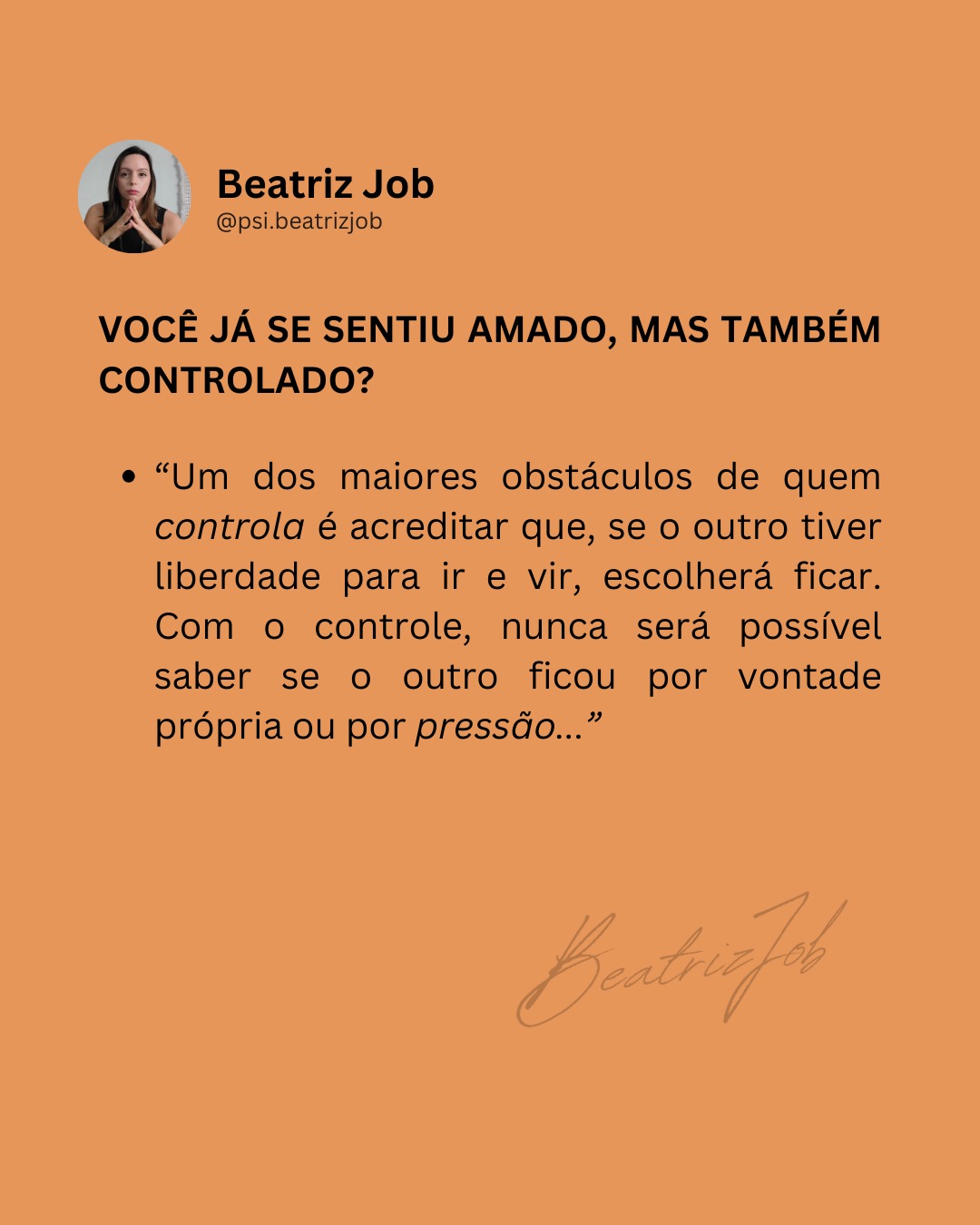Você já se sentiu amado, mas também controlado? 🤔
Confira o artigo "Cuidado ou Controle: quando o amor ultrapassa a liberdade do outro" completo no site.
Link disponível na bio.
www.beatrizjob.com
#controle #autonomia #amor #relacionamentos #psicanalise #terapiaonline