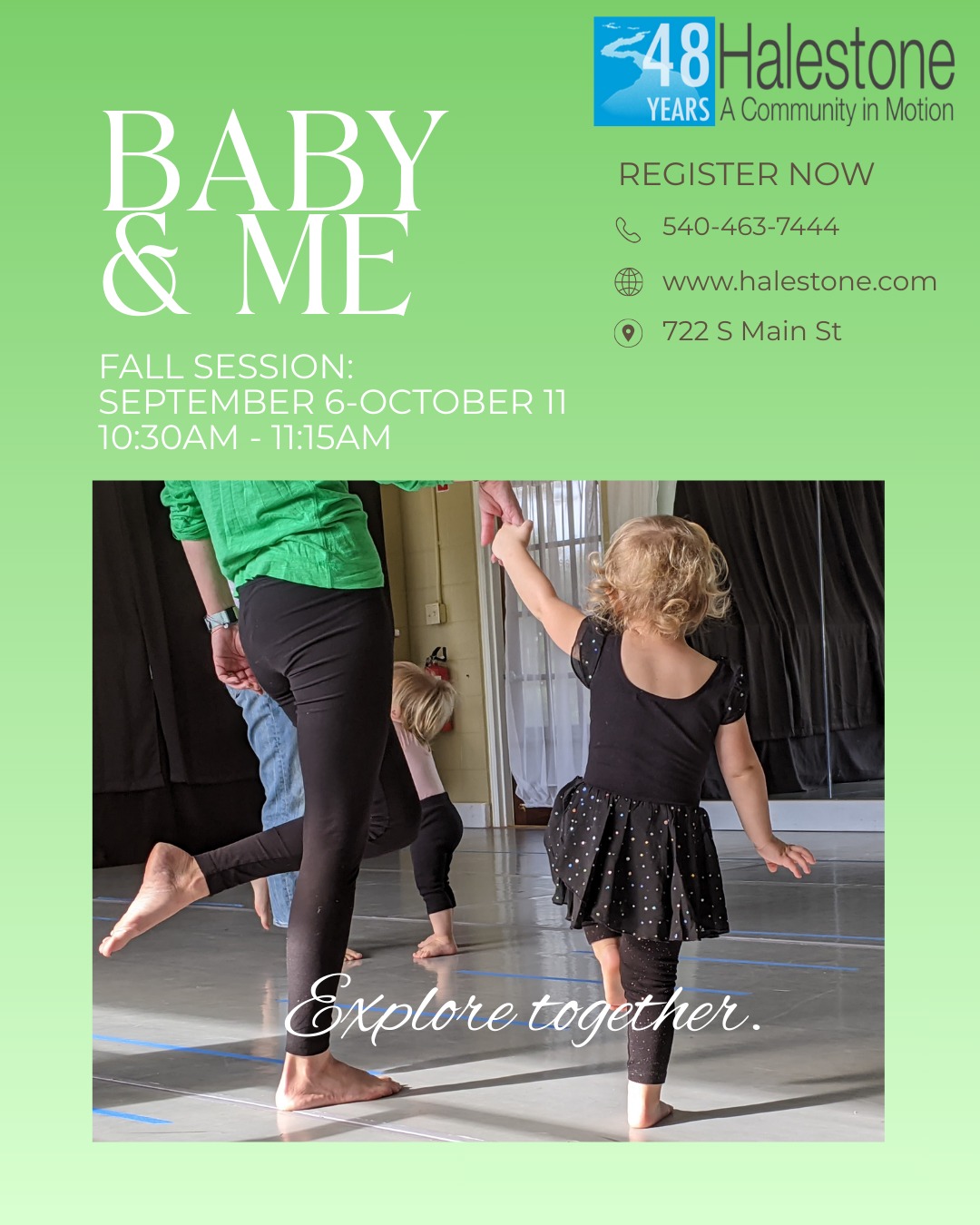 Do you know a young mover interested in community and FUN? We are offering several classes for our smallest friends including Baby and Me on Saturday mornings starting in September! Perfect for ages 1-3, toddlers and their caregivers will move, use props, and dance to fun music.
Check out www.halestone.com for more information!
